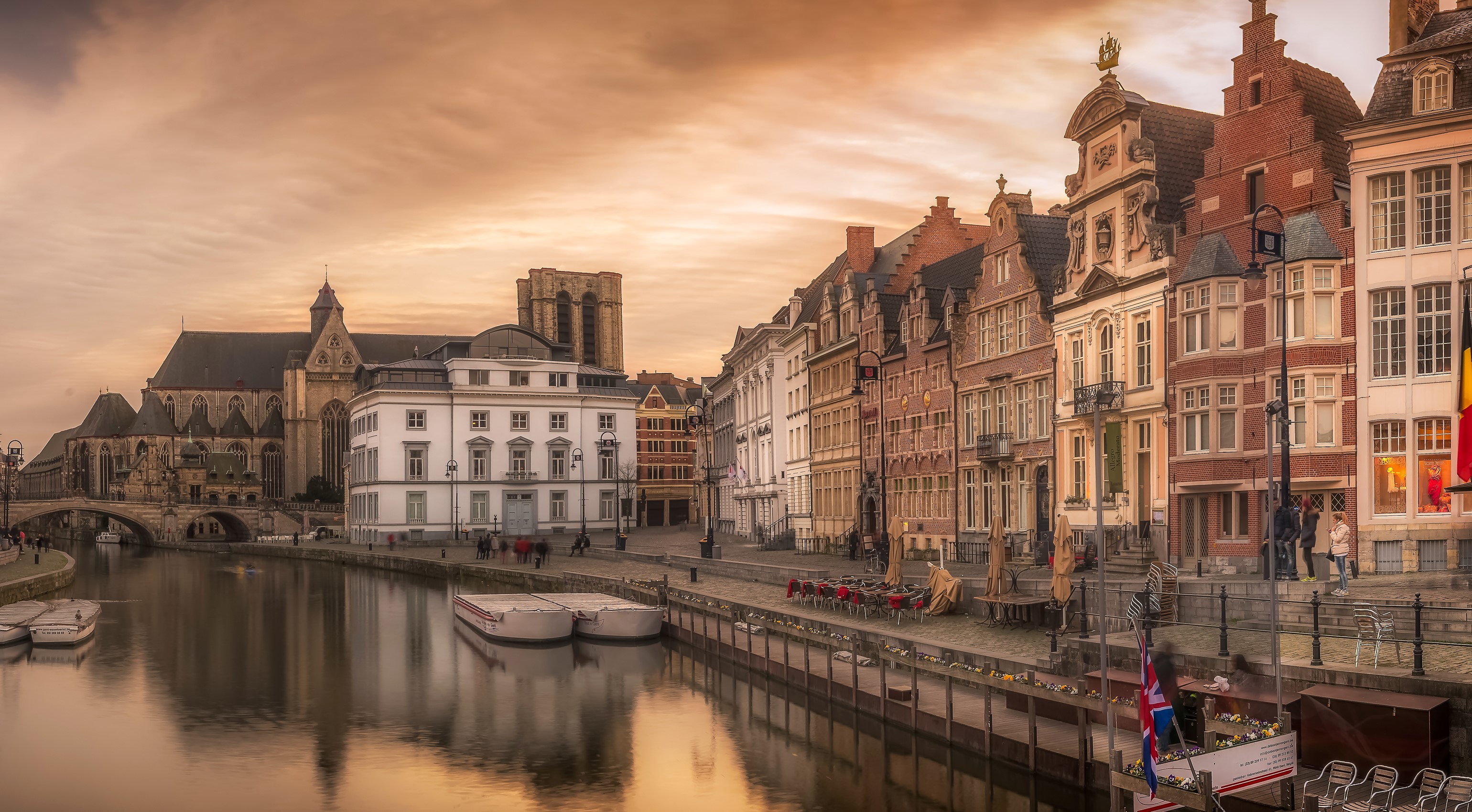 Graslei and Korenlei canals in Ghent, Belgium at sunset HD Wallpaper