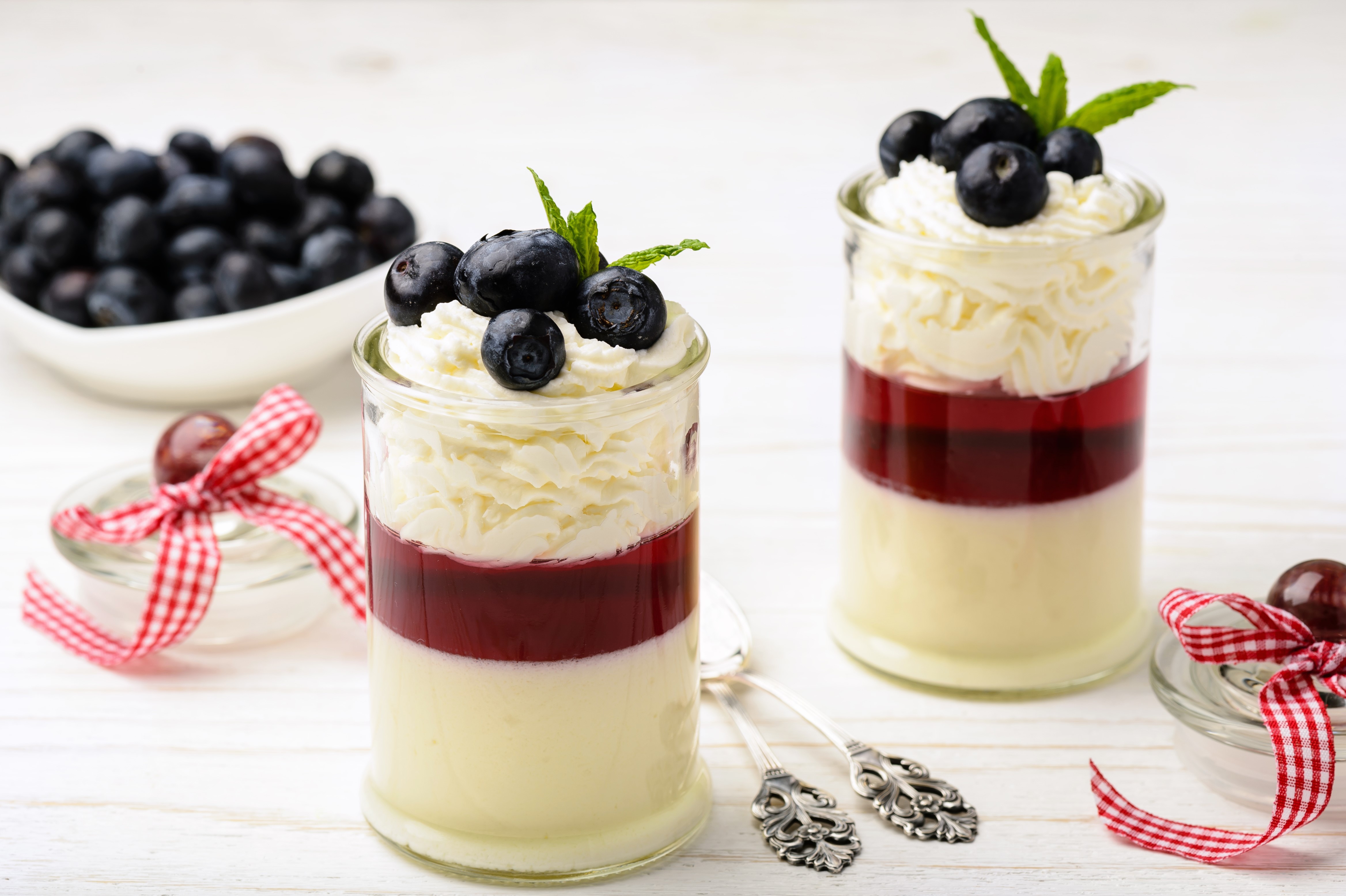 Two Blueberry Desserts in Glasses with Blueberries HD Wallpaper