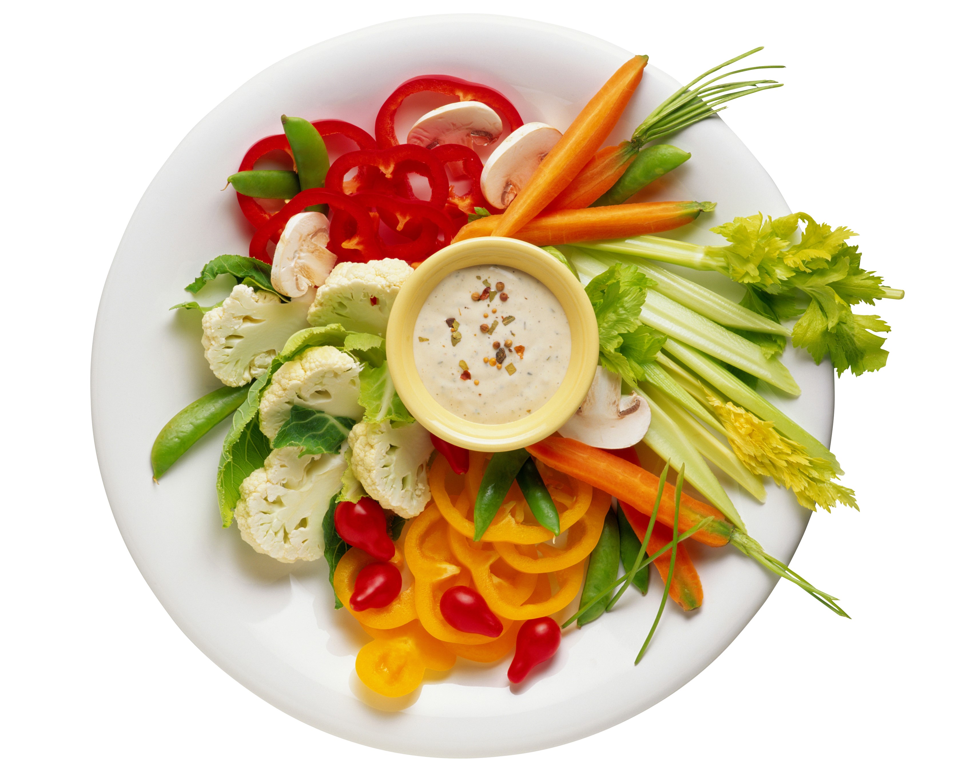 Plate of fresh vegetables with dip HD Wallpaper