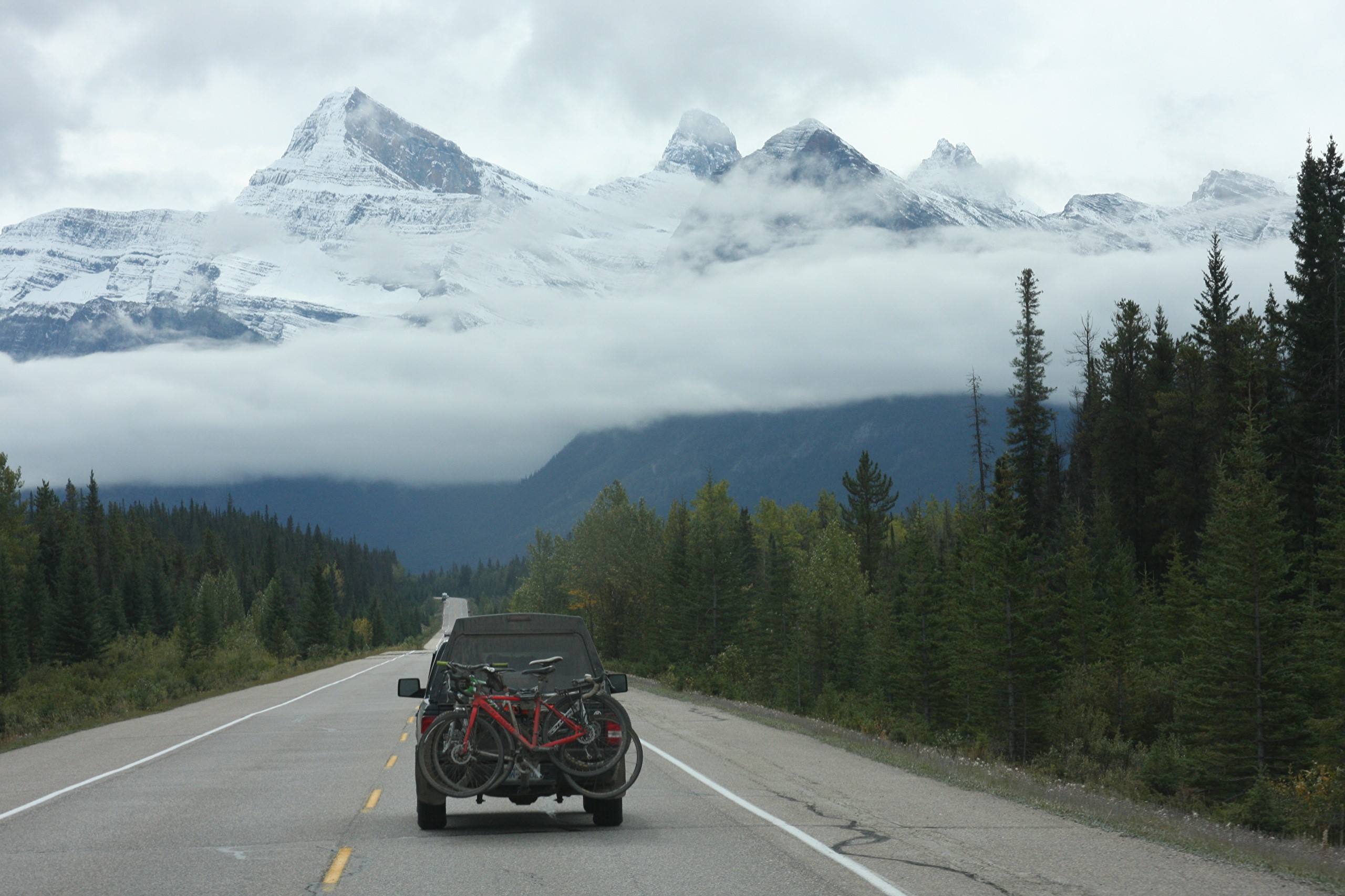 Car with bicycles on road in Rocky Mountains, Canada HD Wallpaper