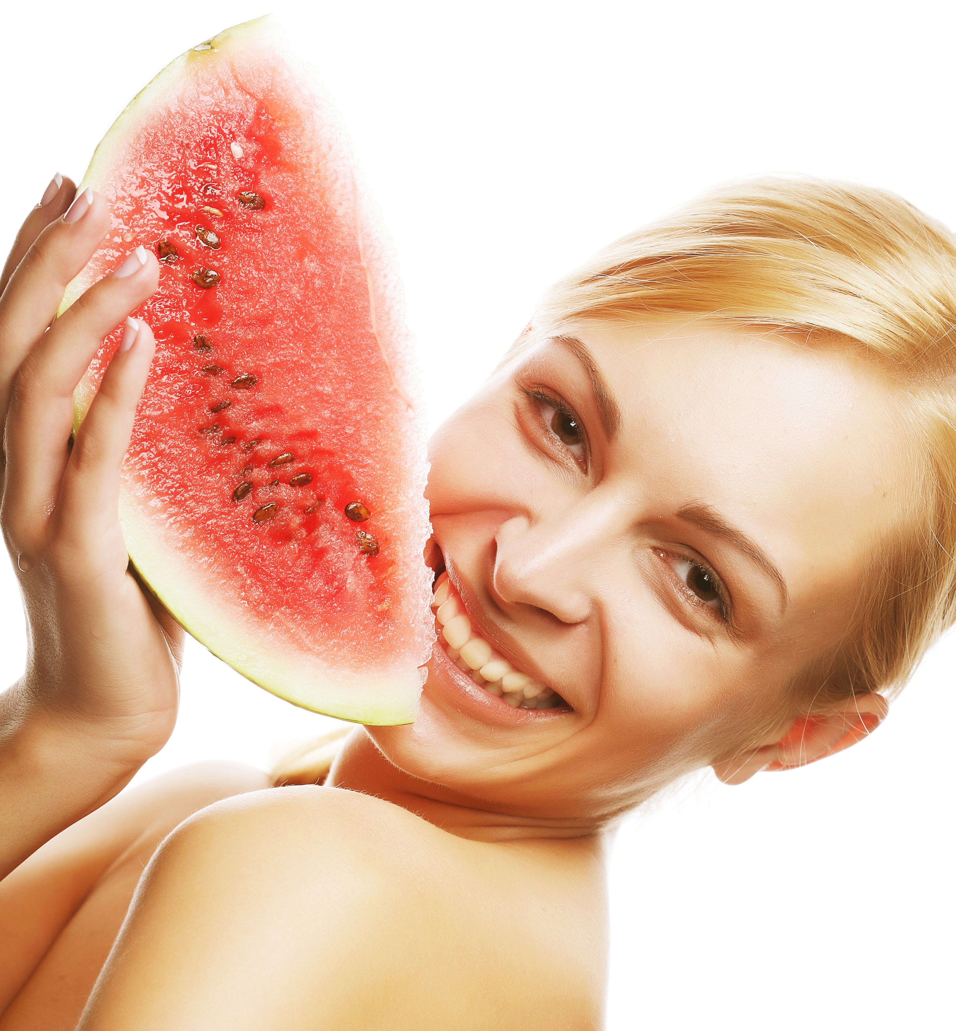 Blonde girl holding a slice of watermelon HD Wallpaper