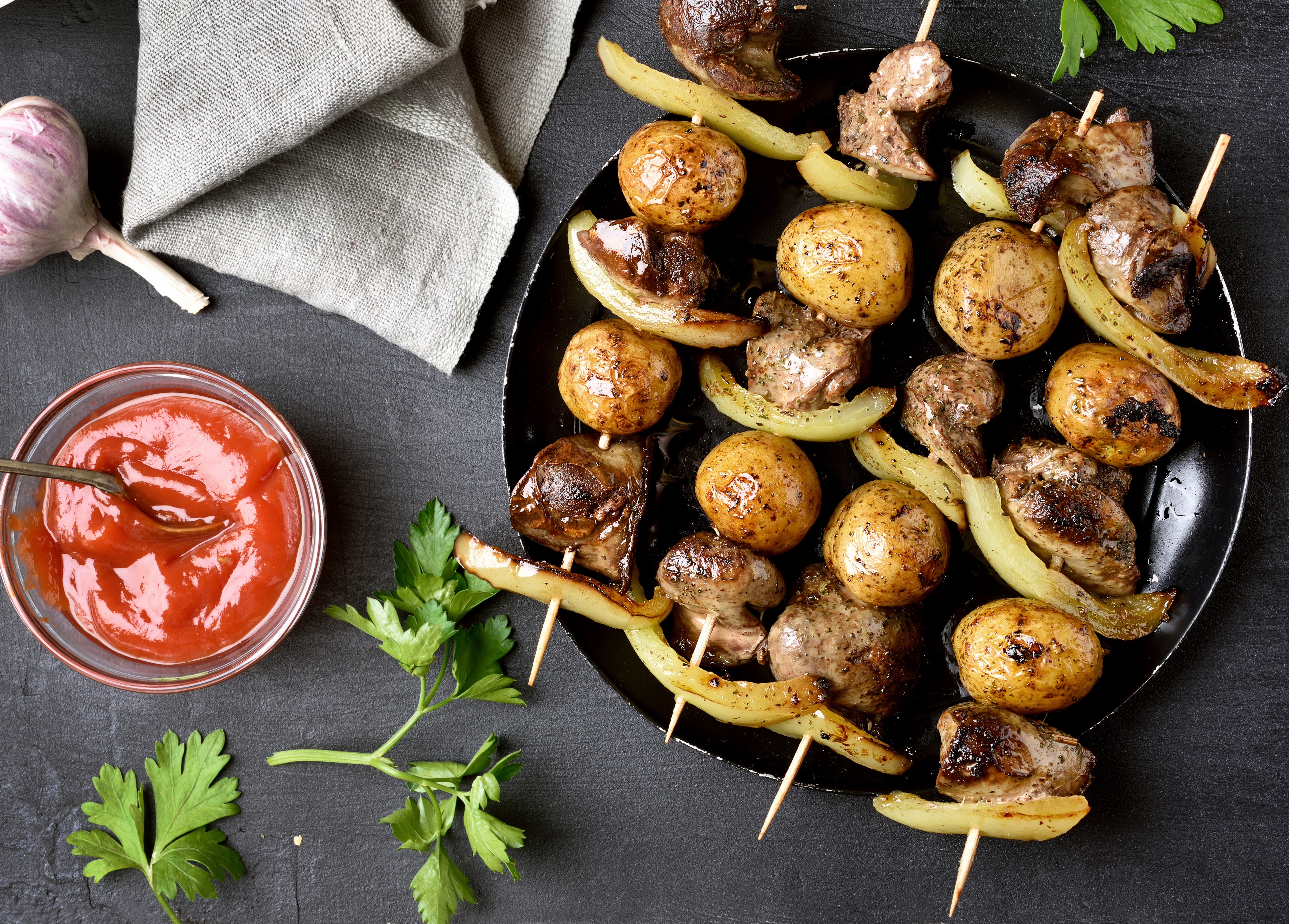 Shashlik with potatoes and ketchup HD Wallpaper