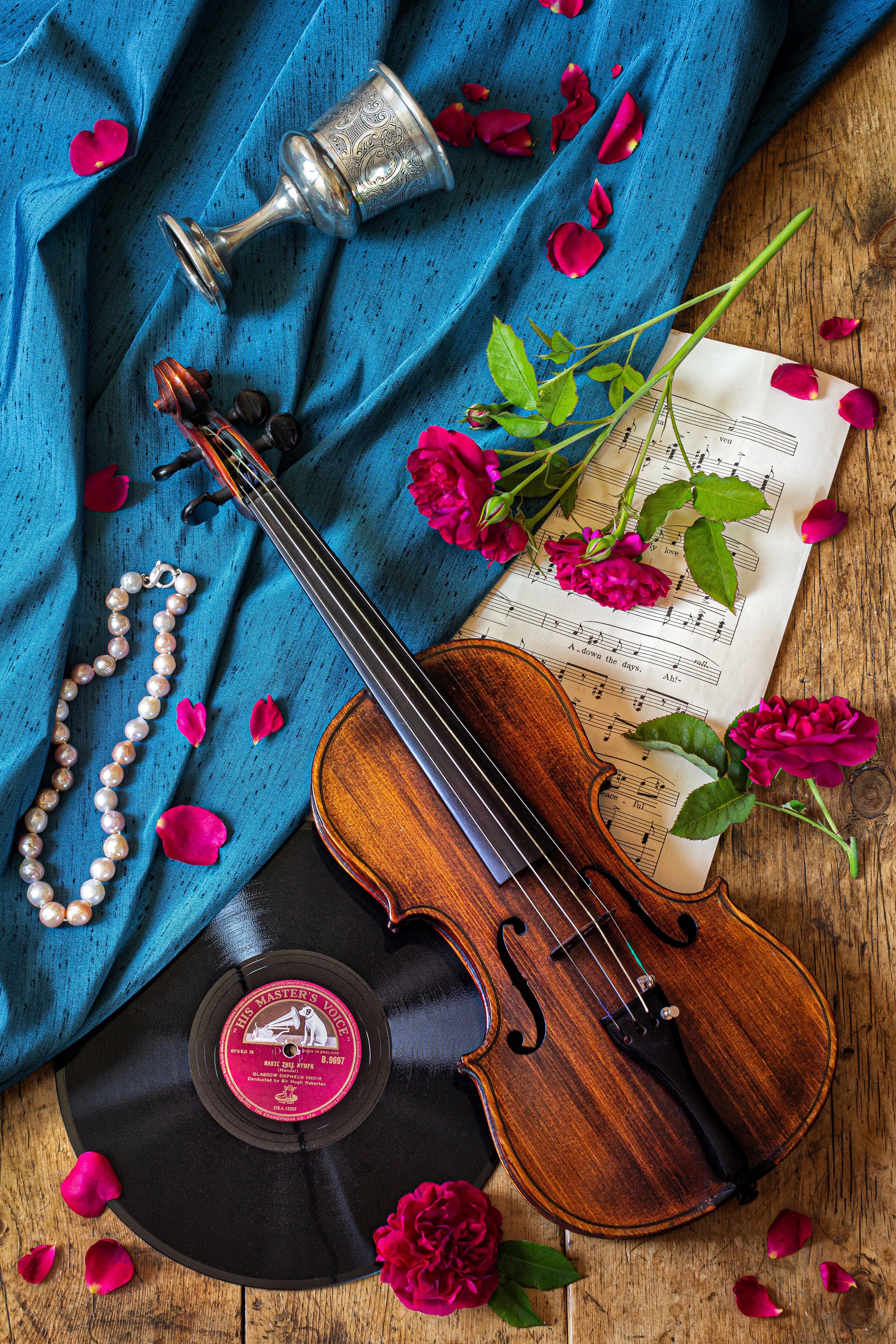Violin, Roses, Sheet Music, and Vinyl Record Still Life HD Phone Wallpaper