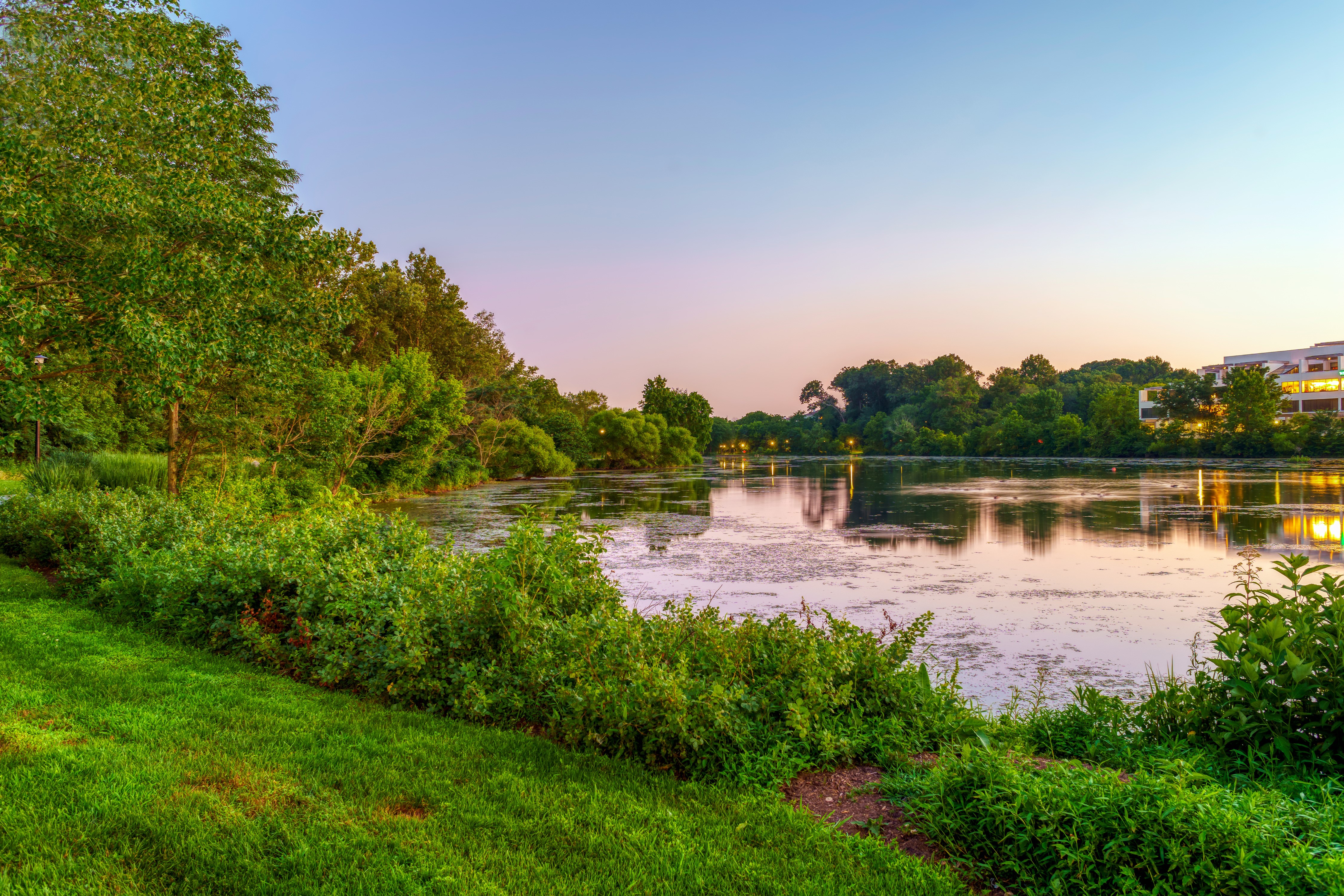 Lake and trees in Columbia, Maryland at dusk HD Wallpaper