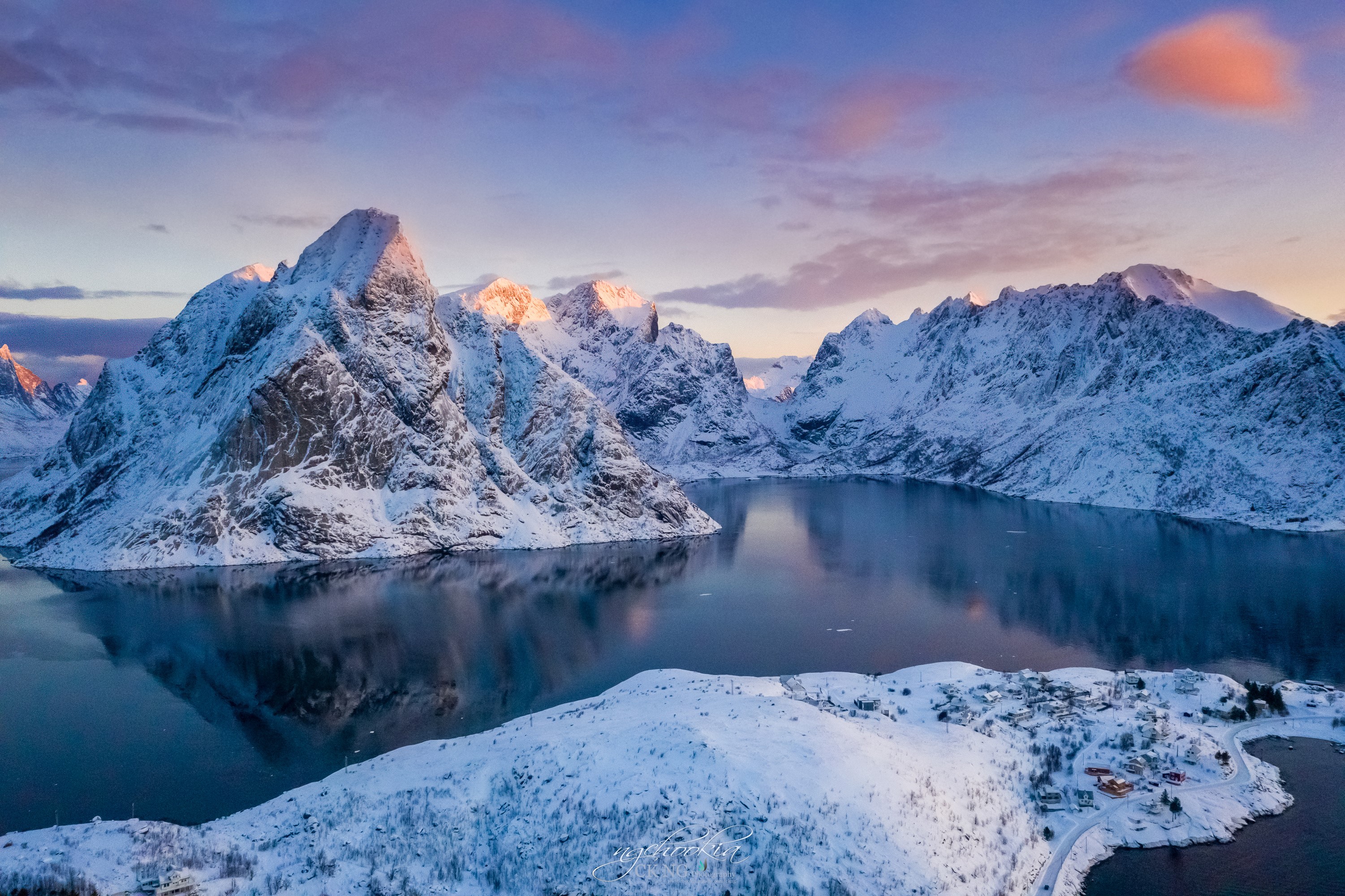 Snowy Lofoten Mountains and Bay in Winter HD Wallpaper