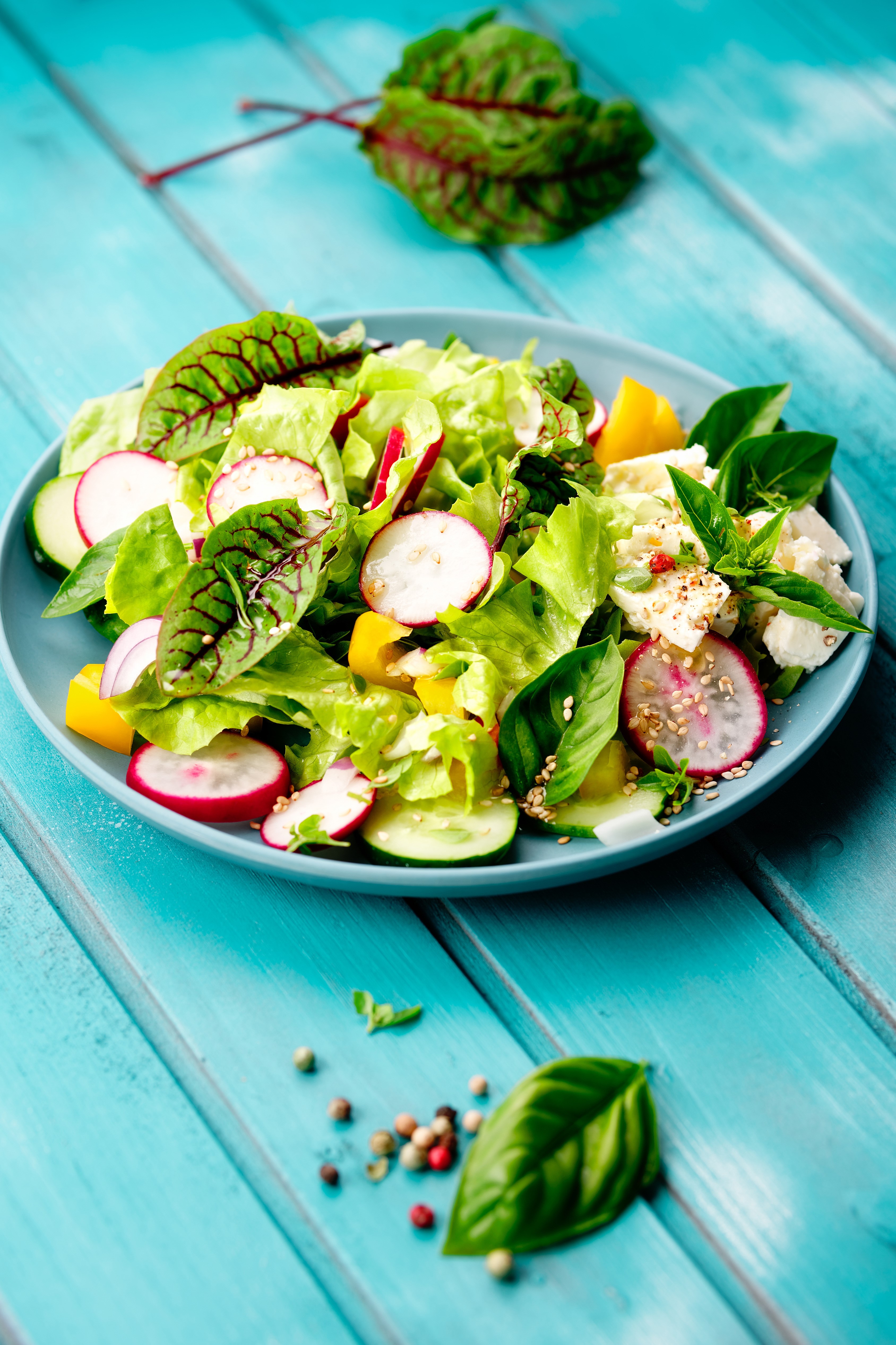 Fresh salad with feta cheese and vegetables on a blue table HD Phone Wallpaper