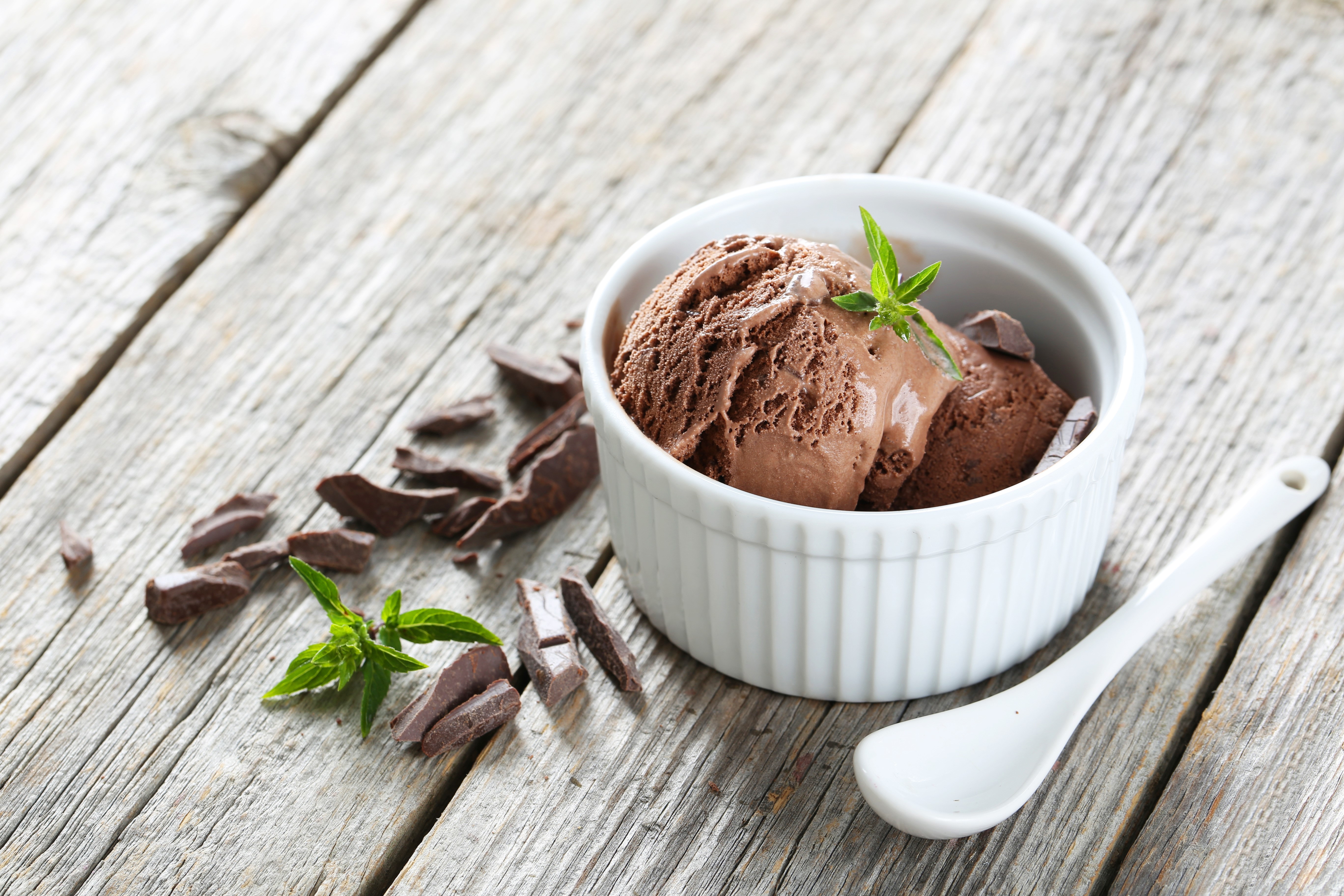 Chocolate ice cream in a bowl with chocolate chunks and mint HD Wallpaper