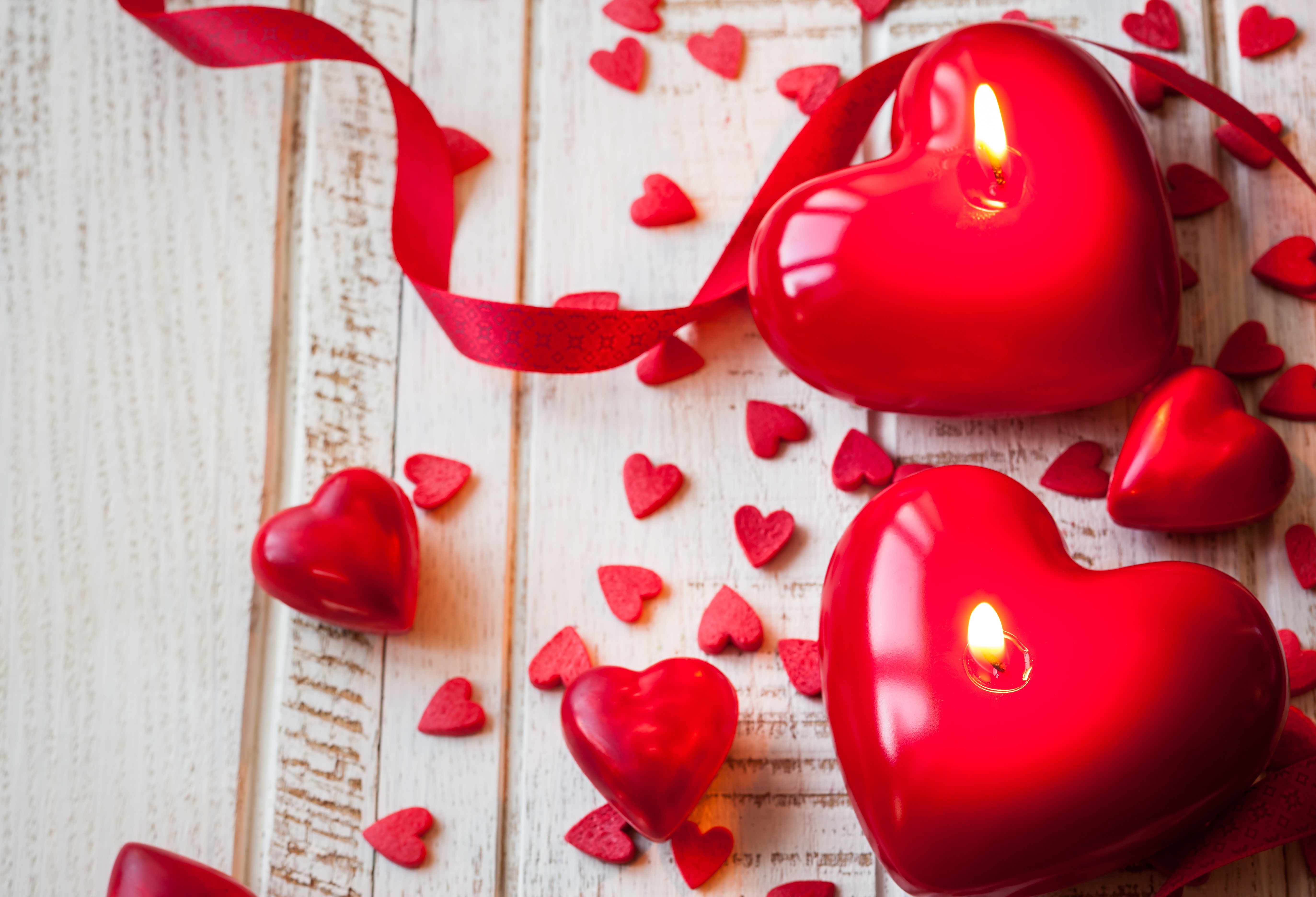 Red Heart Candles and Ribbon for Valentine's Day HD Wallpaper