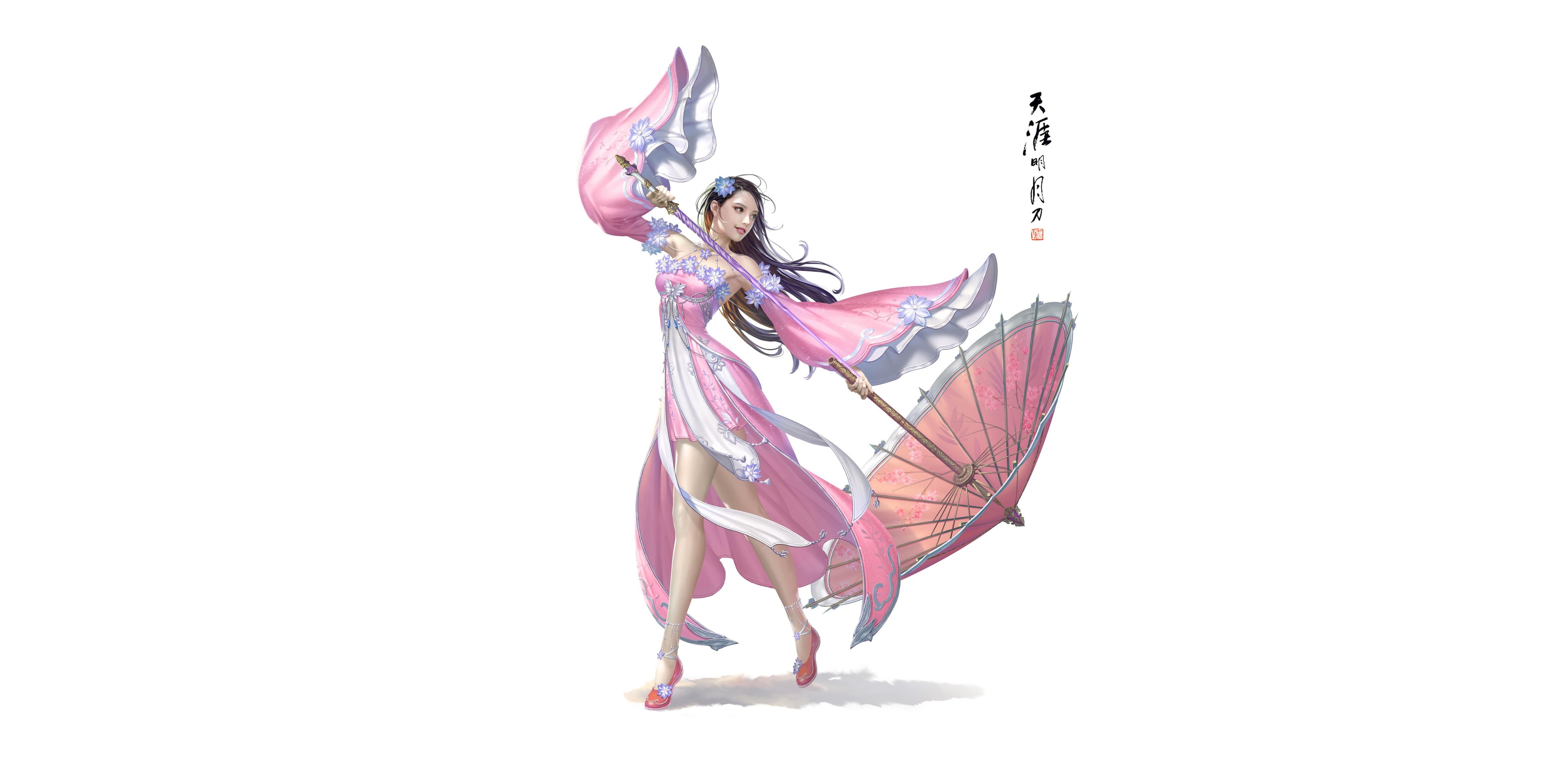 Beautiful Asian Woman in Pink Dress Holding Umbrella HD Wallpaper