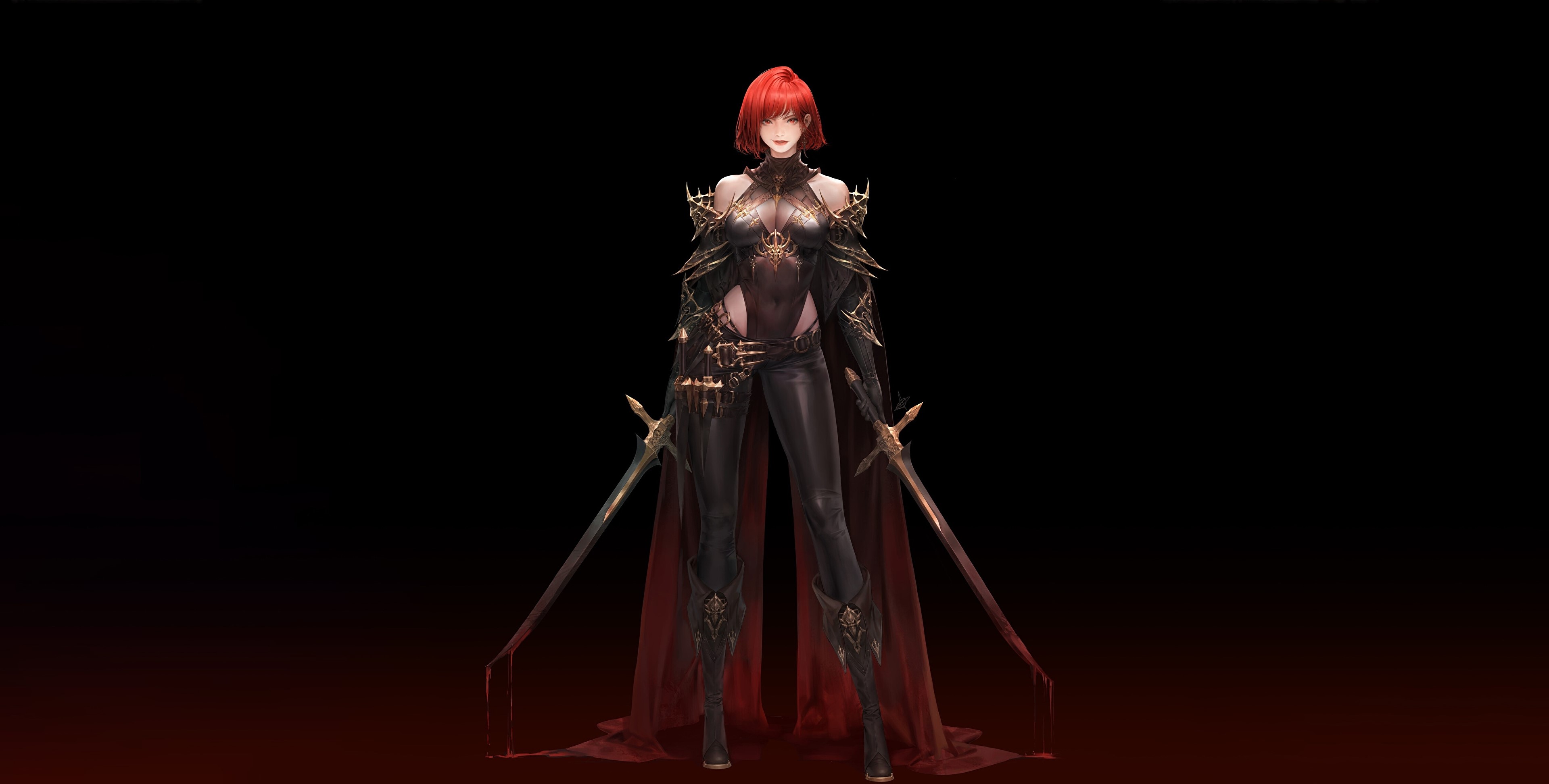 4K Redhead warrior with swords and red cape HD Wallpaper