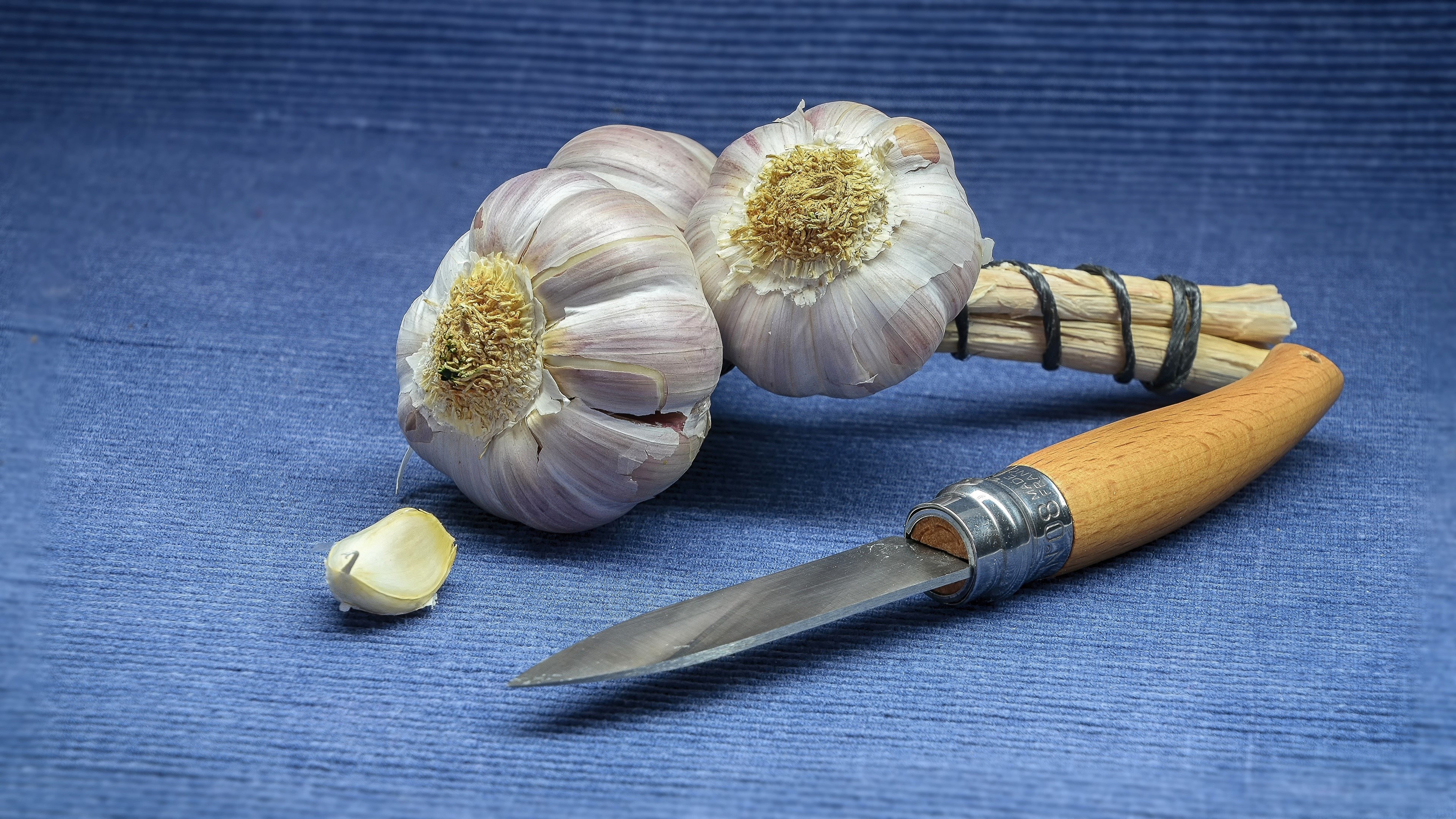 Garlic bulbs and a knife on a blue surface HD Wallpaper