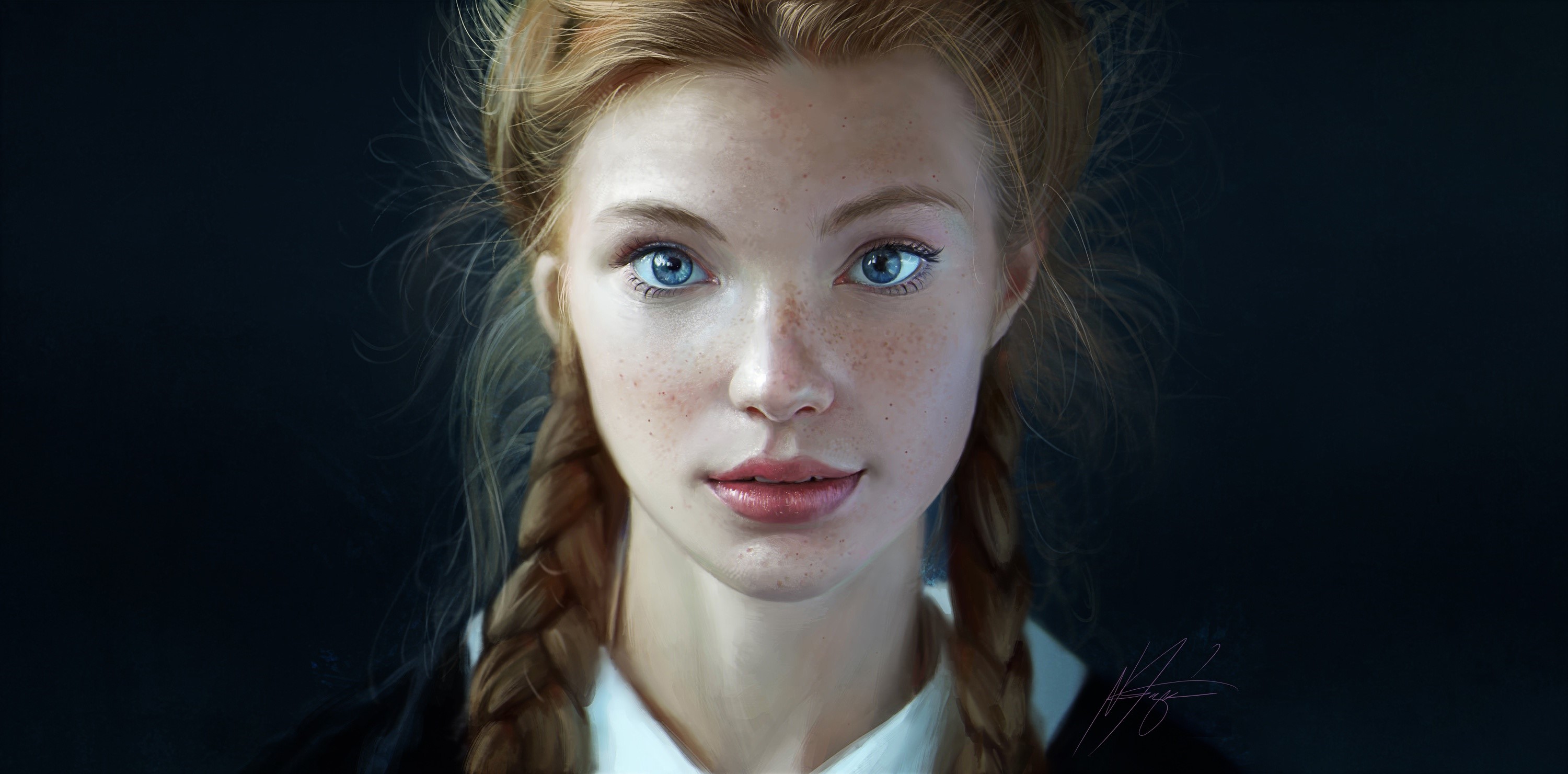 Painting of a young girl with blue eyes and freckles HD Wallpaper