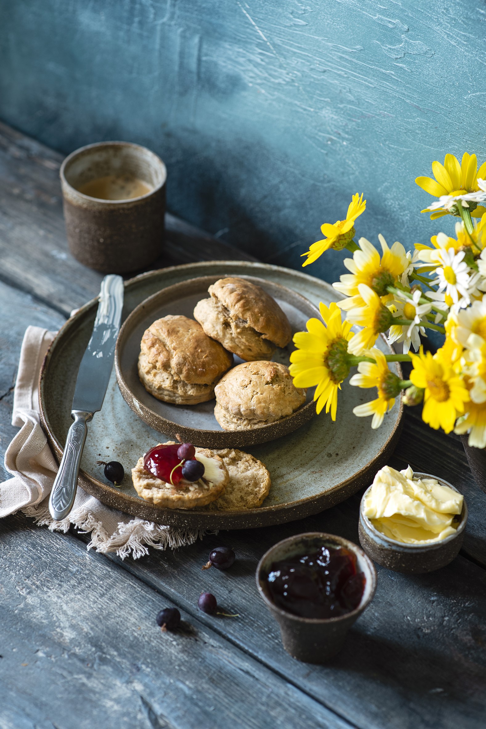 Scones with jam and butter on a plate with flowers HD Phone Wallpaper