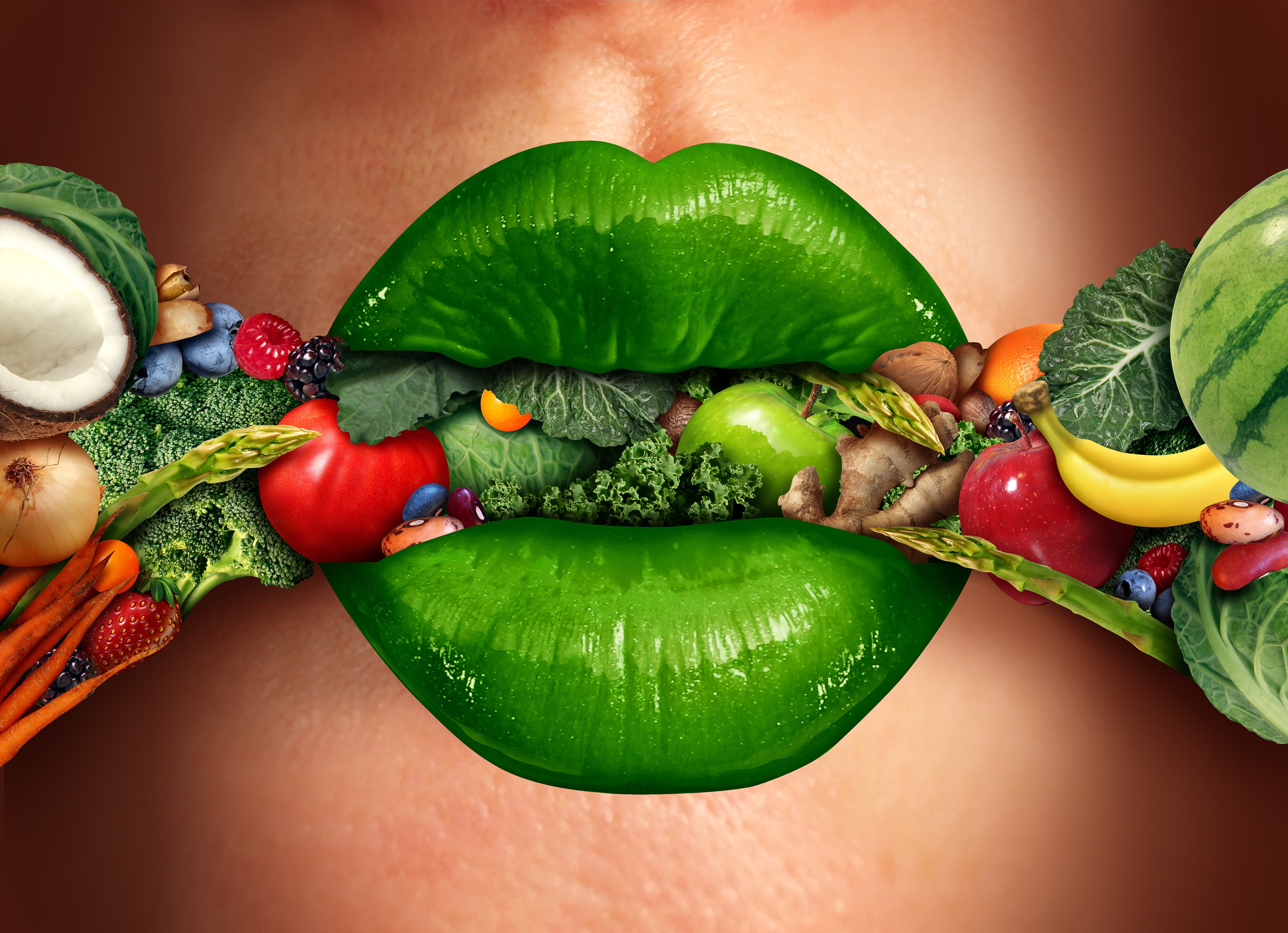 Green lips filled with fresh fruits and vegetables HD Wallpaper