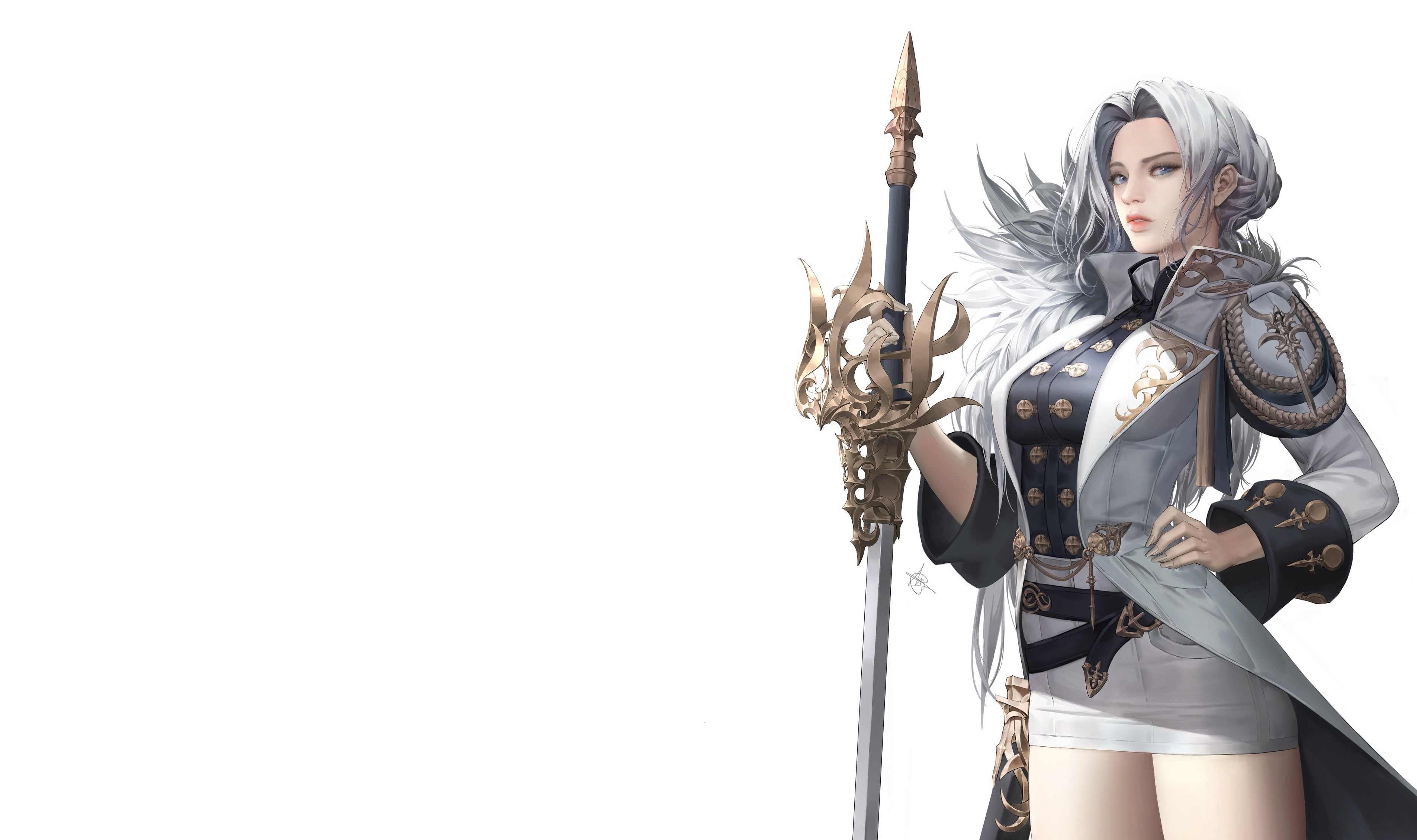 Woman with white hair holding a sword HD Wallpaper