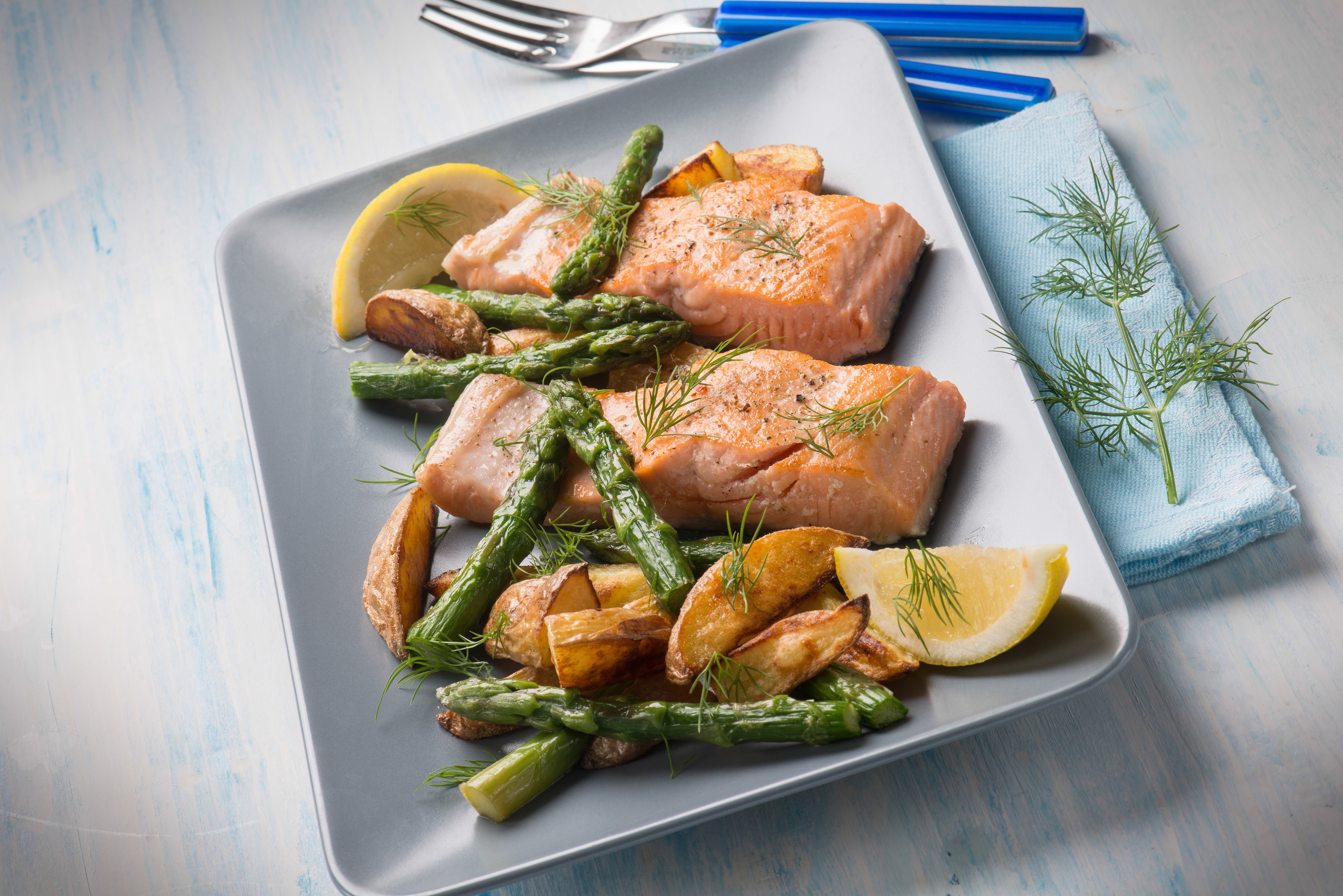 Salmon with Asparagus and Potatoes HD Wallpaper