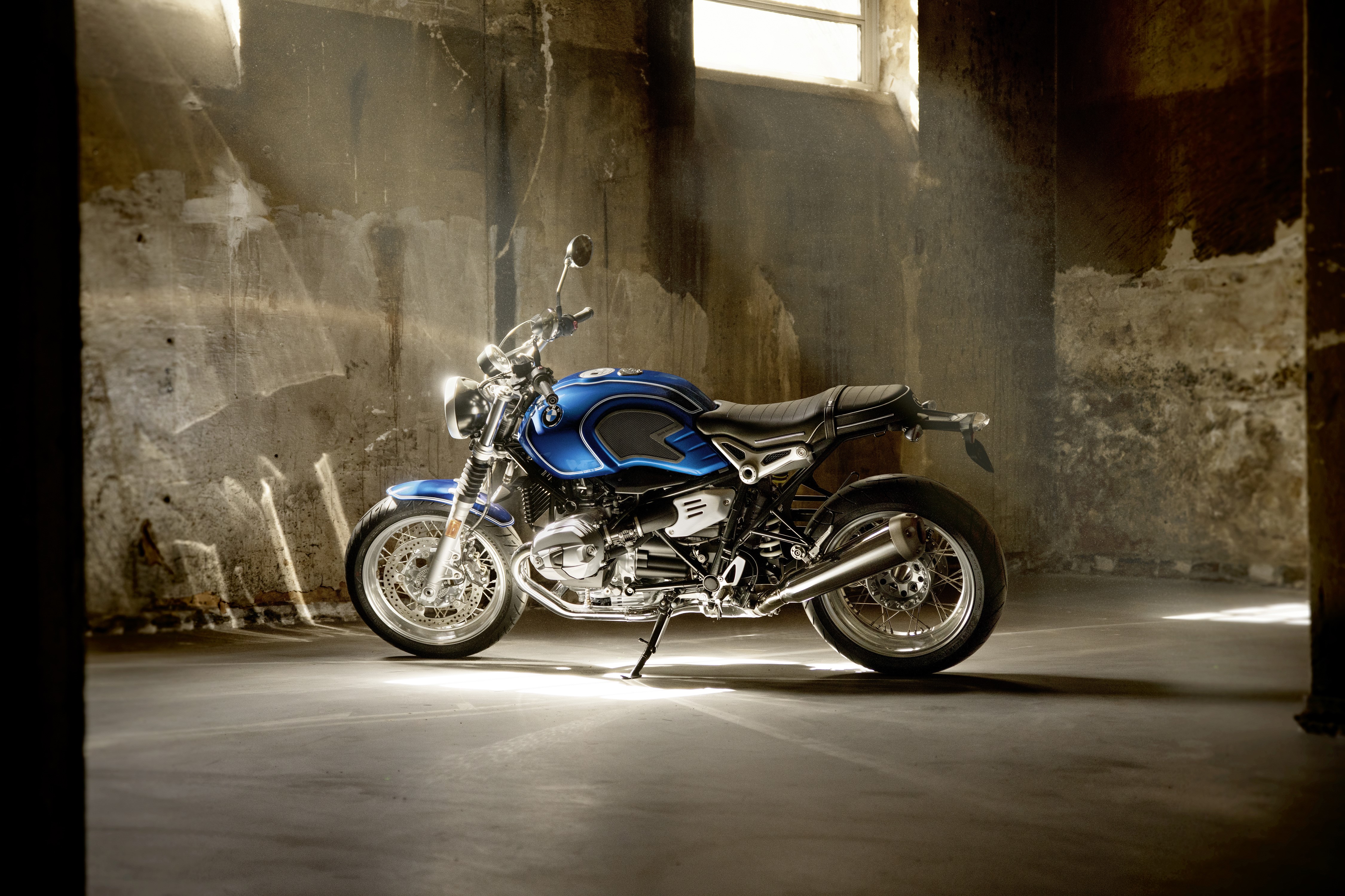 Blue BMW R nineT-5 Motorcycle in Industrial Setting HD Wallpaper
