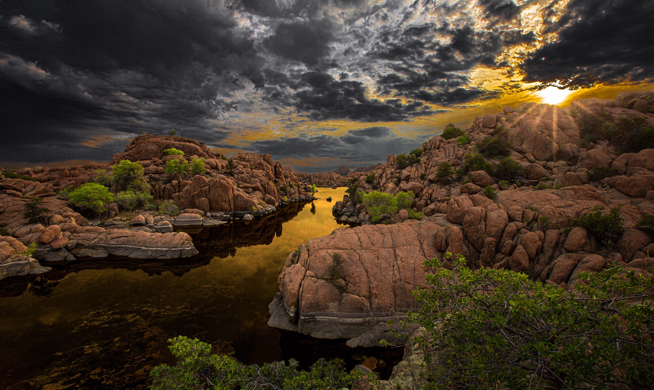 Rocky landscape with river at sunset HD Wallpaper