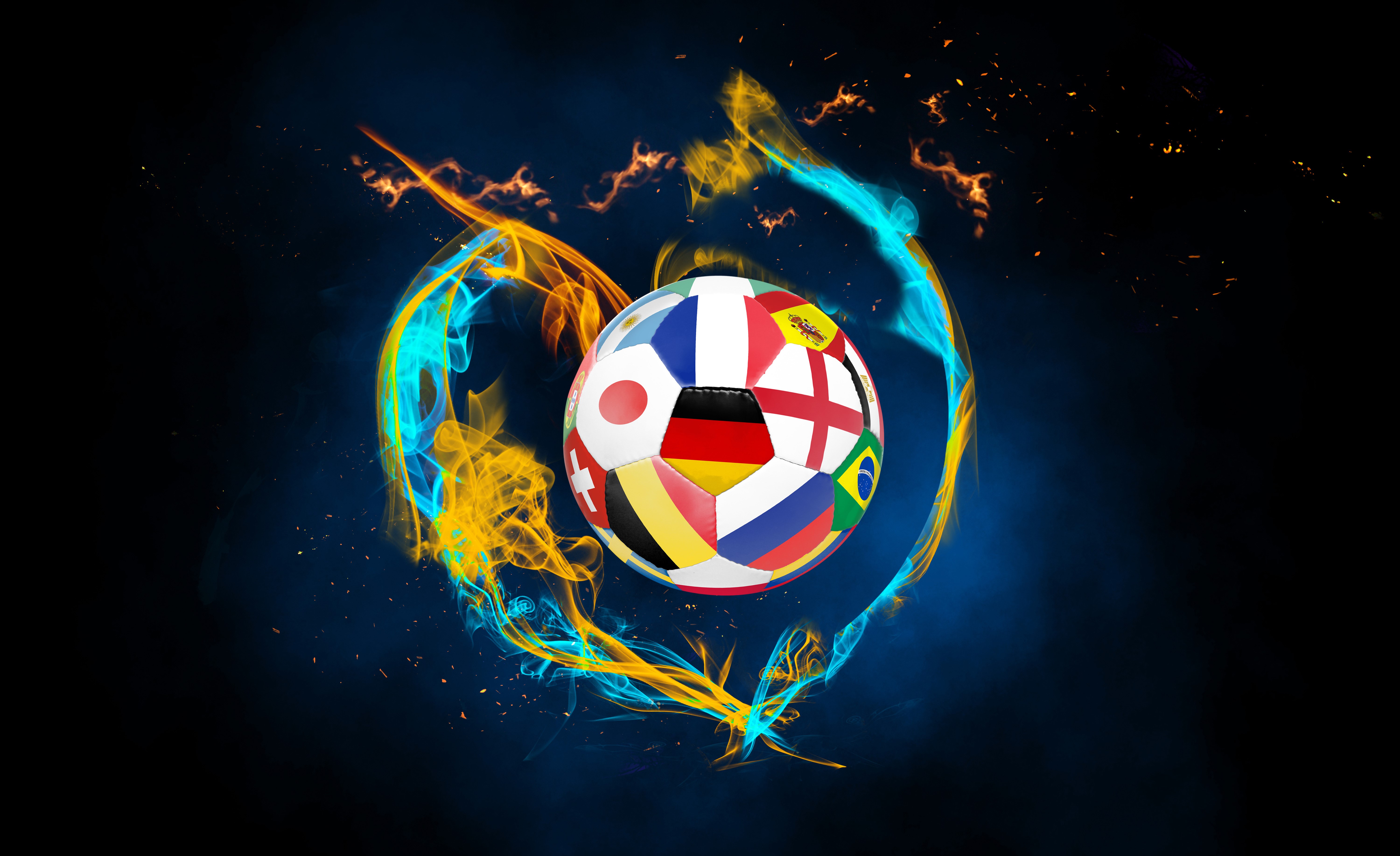 Soccer ball with flags and fire HD Wallpaper