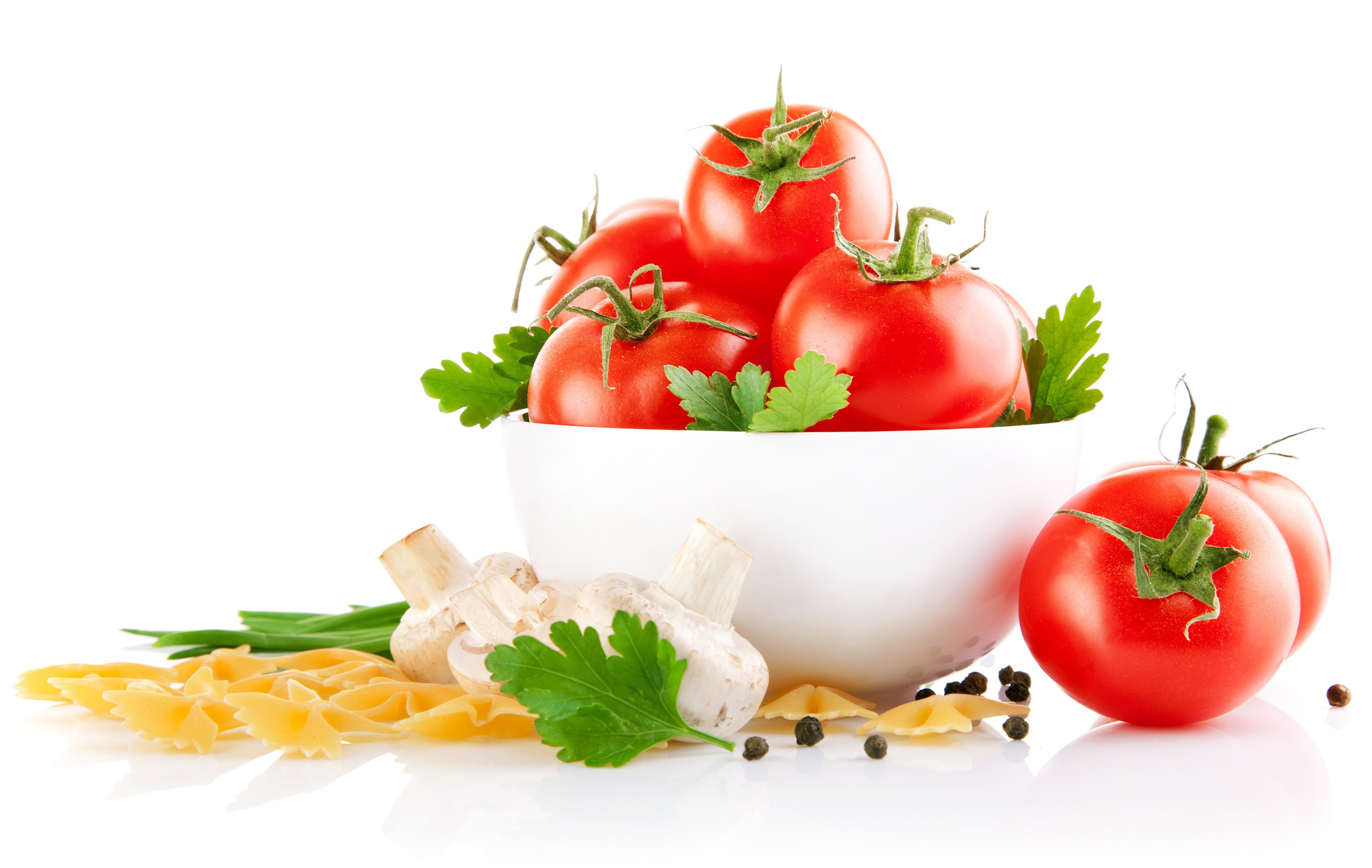 Tomatoes, Mushrooms, Pasta, and Black Pepper on White Background HD Wallpaper