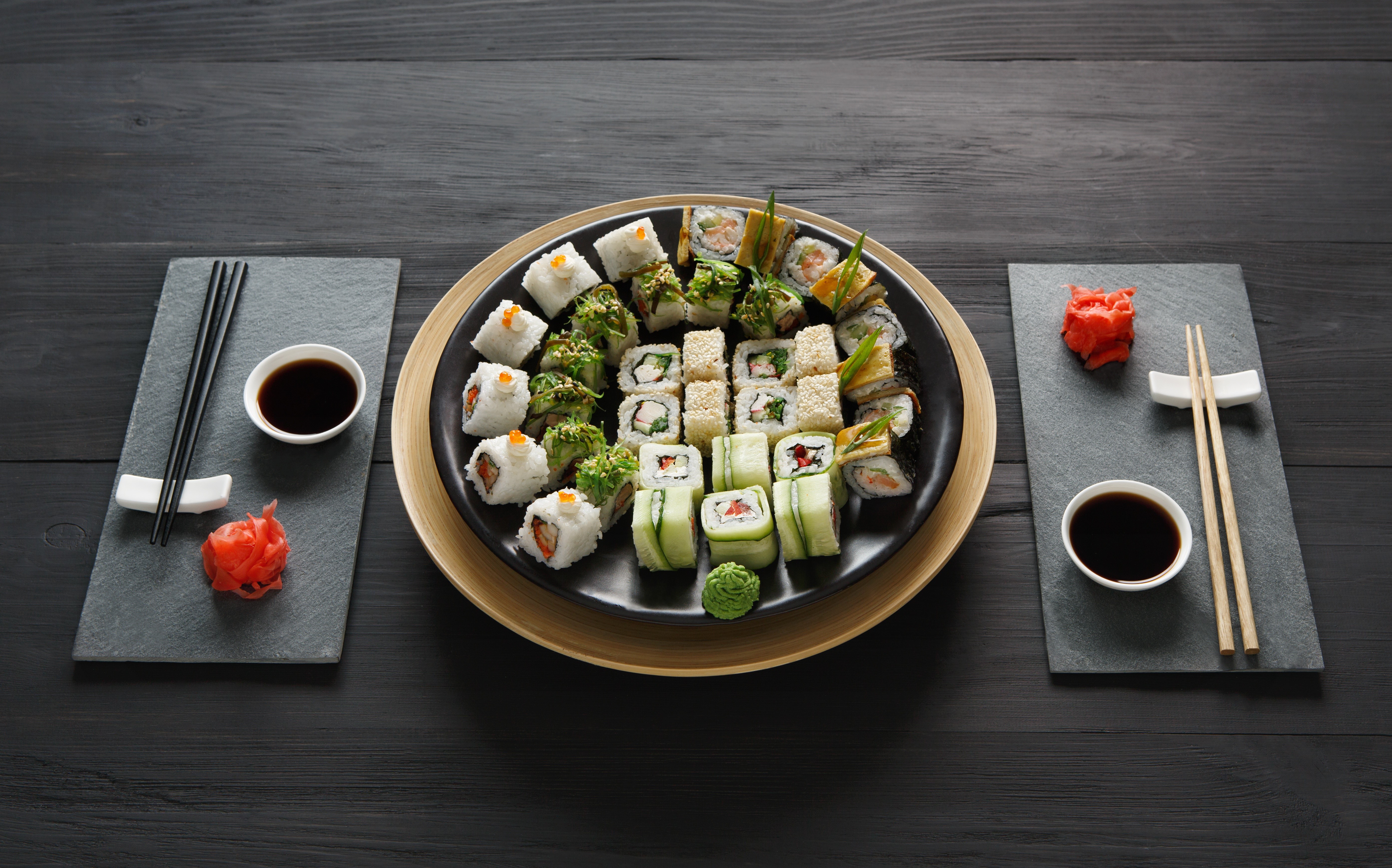 Sushi platter with chopsticks and soy sauce HD Wallpaper