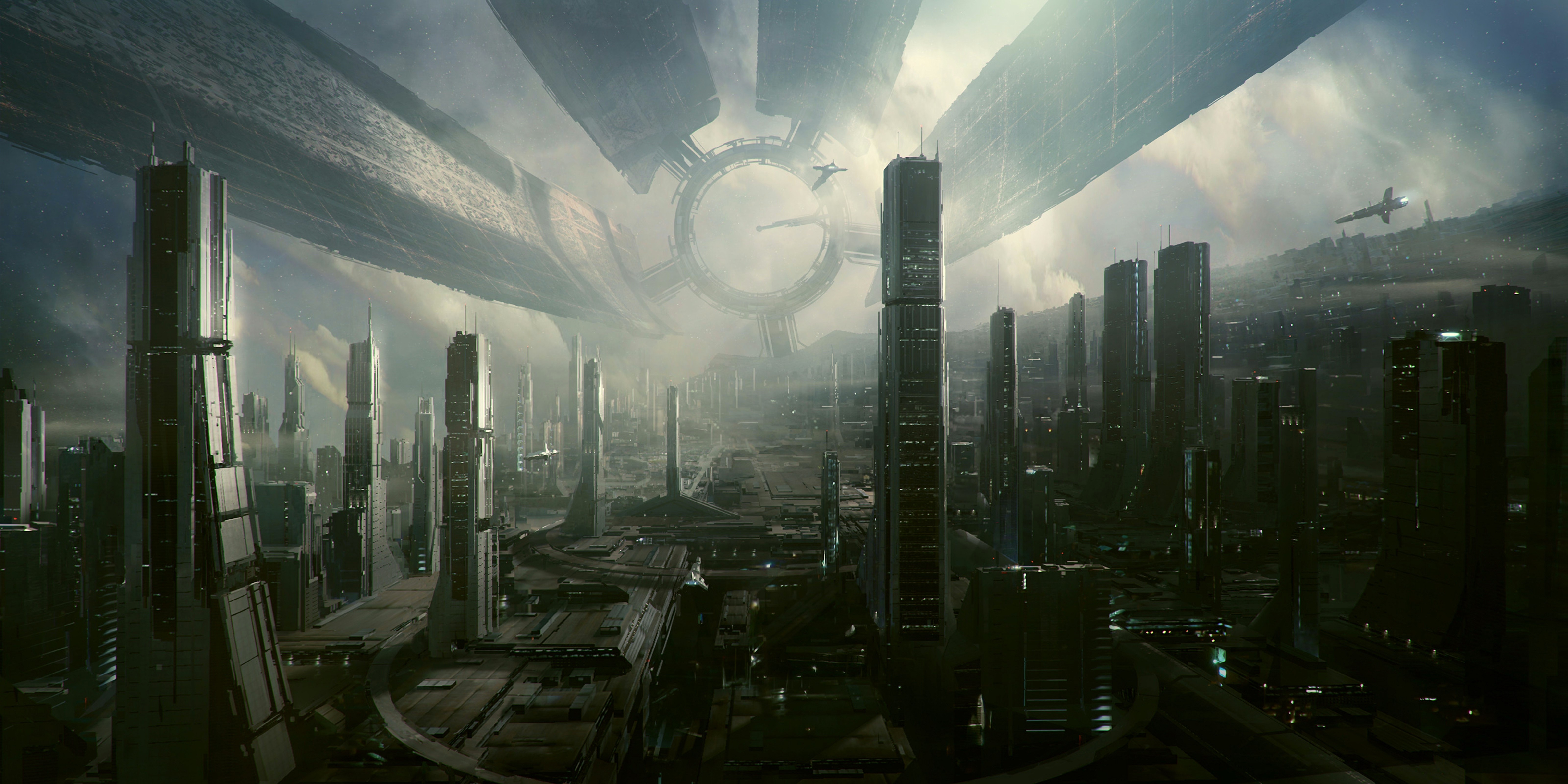 Futuristic city with massive ring structure HD Wallpaper