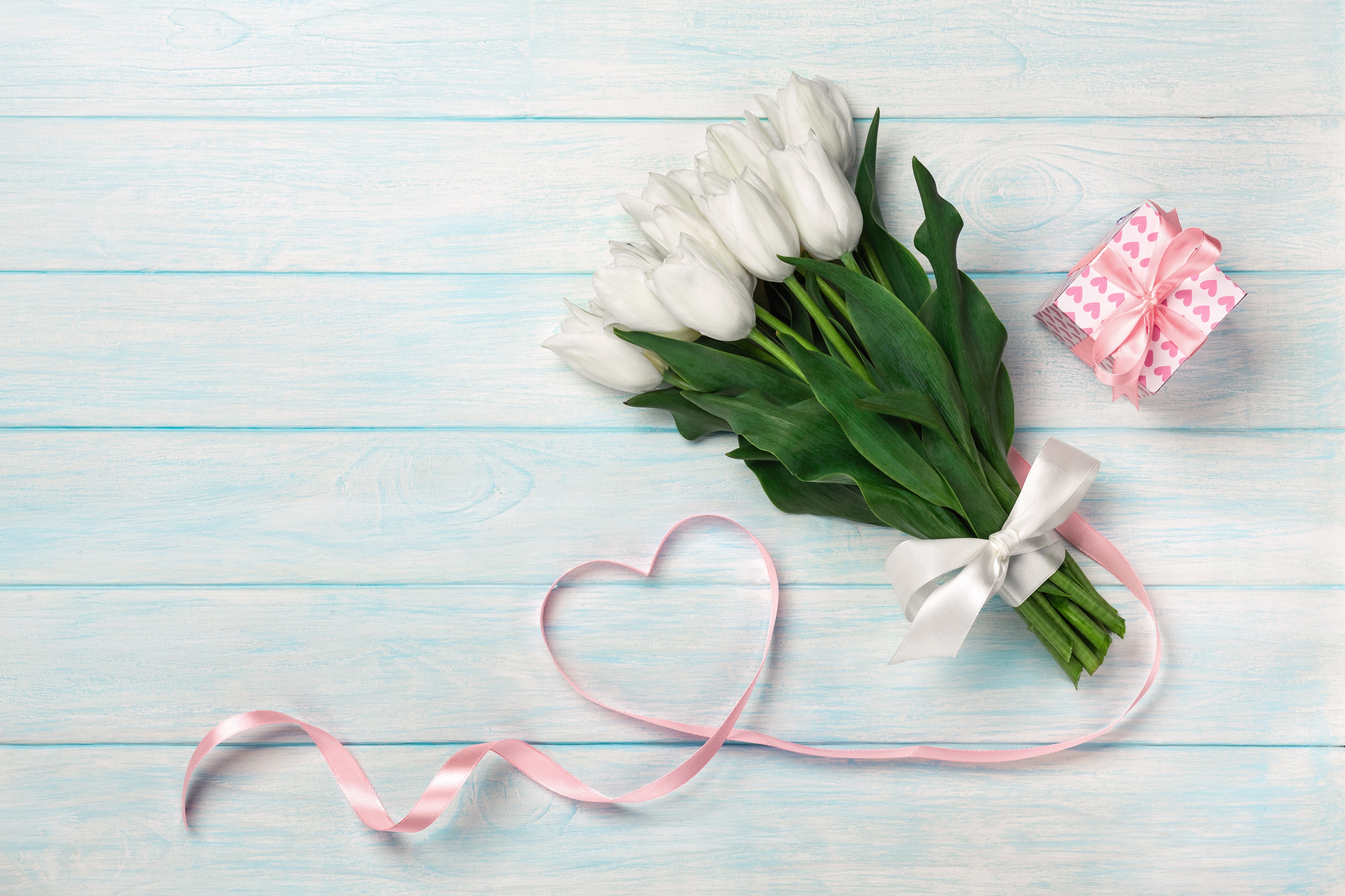 White Tulips with Gift and Heart Ribbon HD Wallpaper