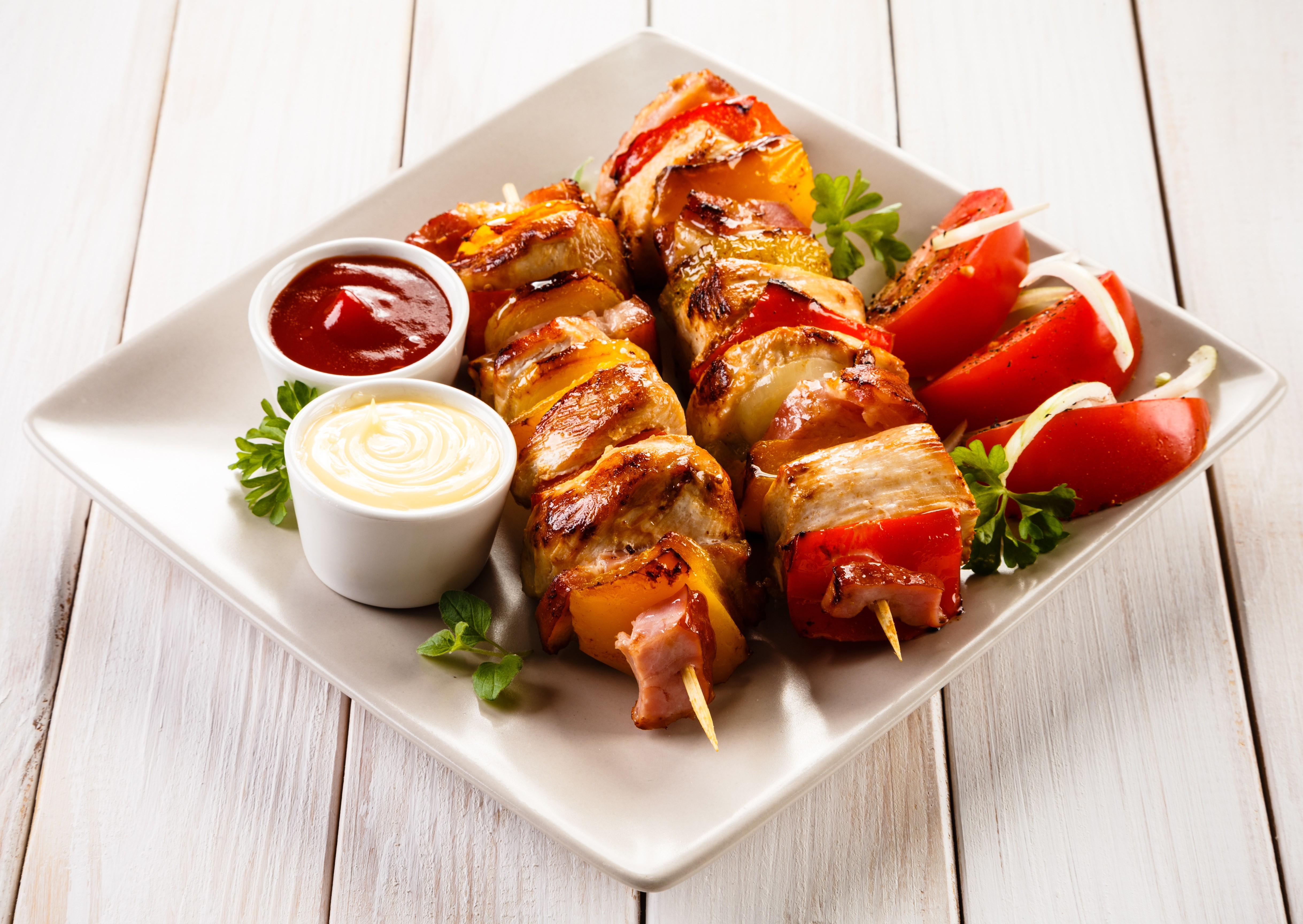 Shashlik with Ketchup and Mayonnaise on a Plate HD Wallpaper