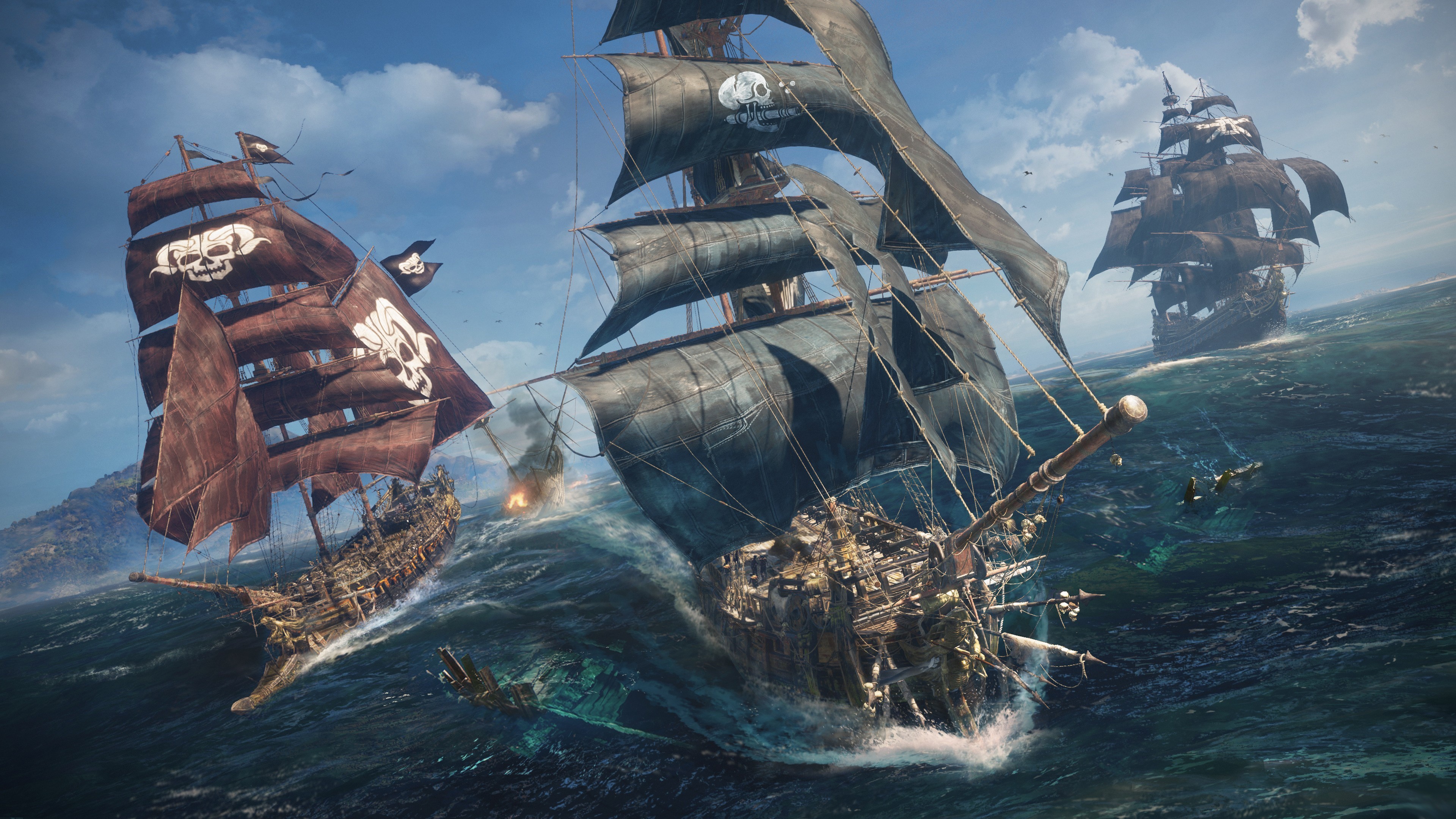 Skull and Bones pirate ships sailing in rough seas HD Wallpaper
