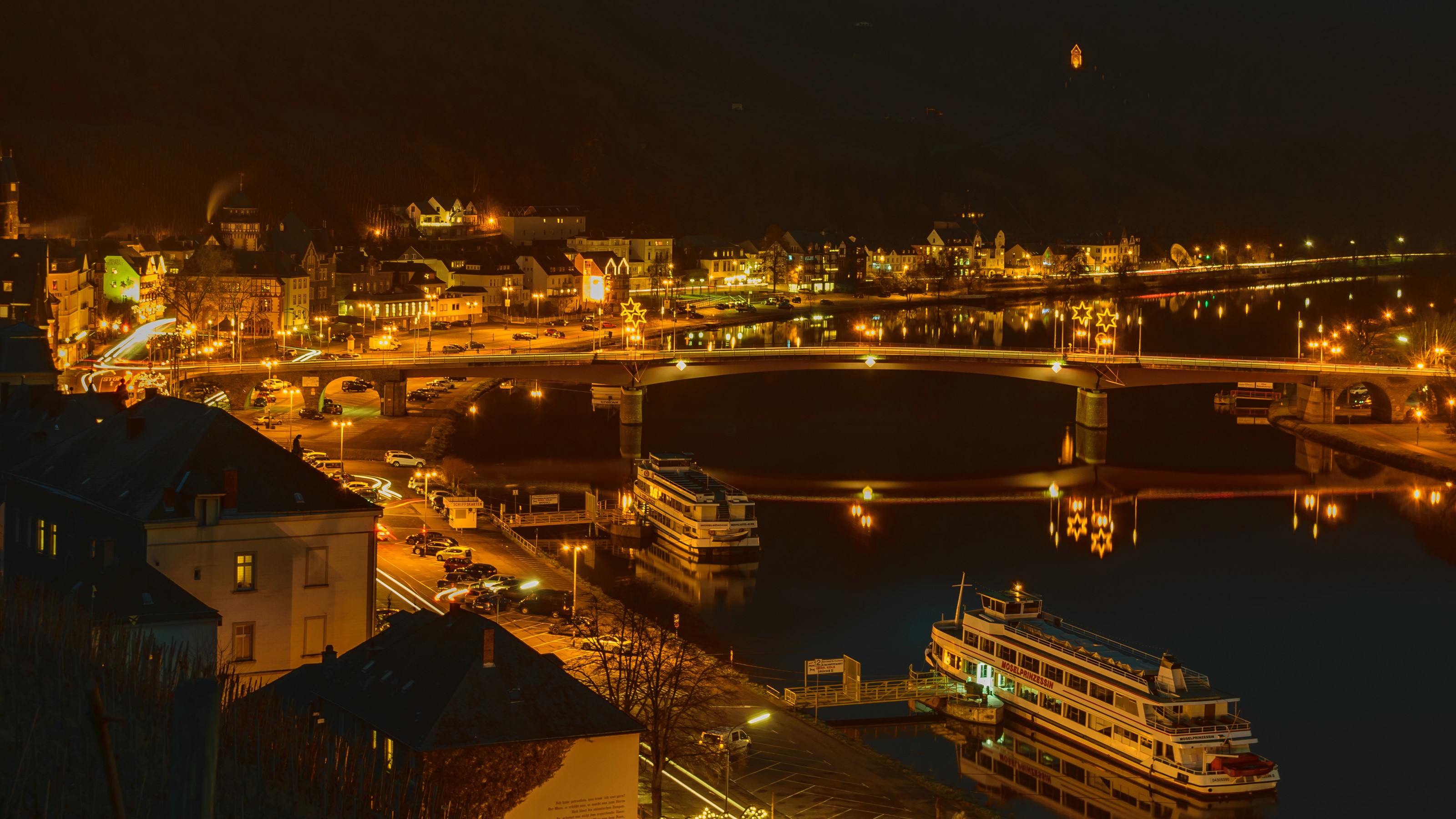 Bernkastel-Kues Germany at Night with Riverboat and Bridges HD Wallpaper
