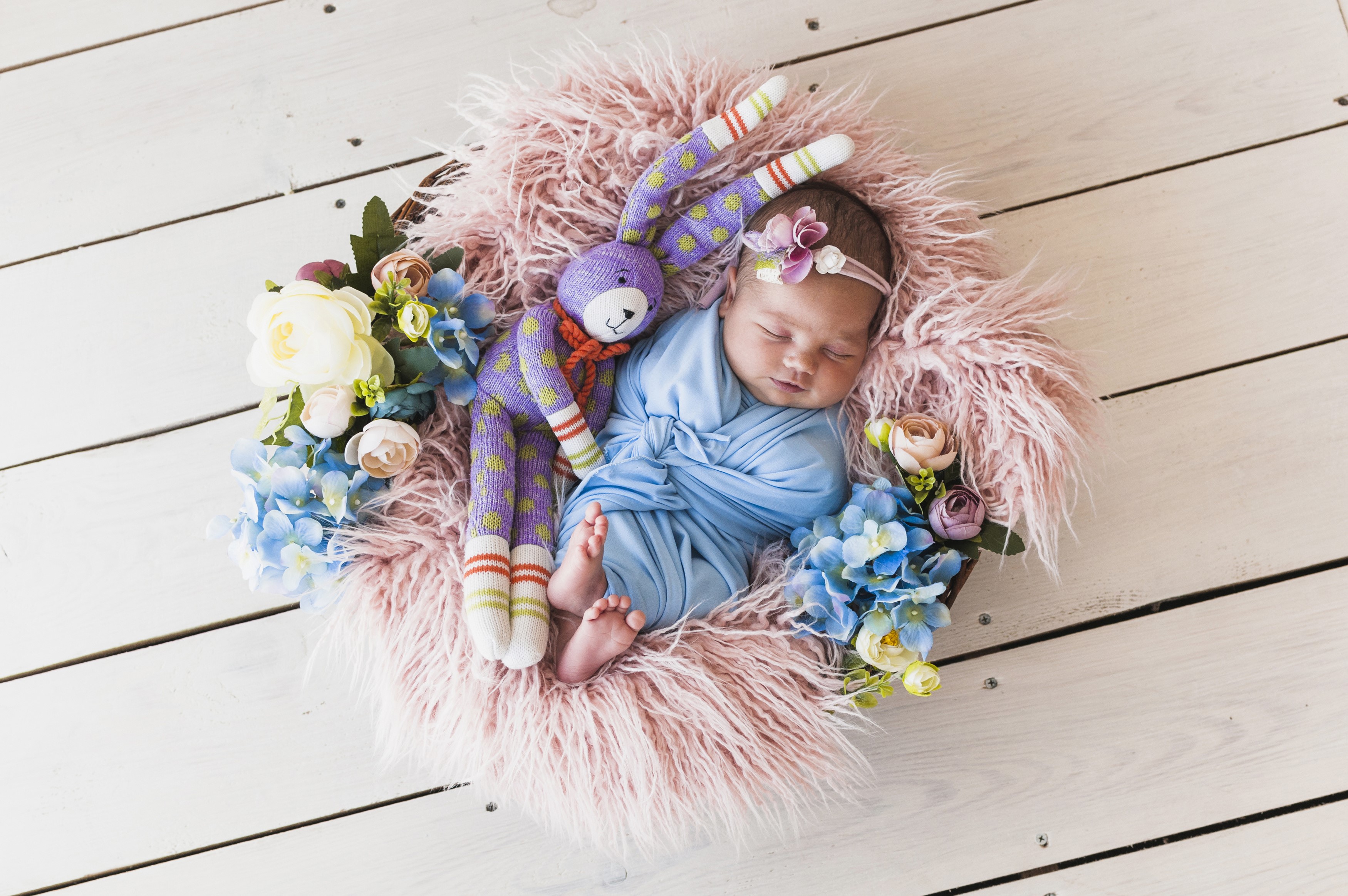 Newborn baby sleeping in a basket with a toy hare and flowers HD Wallpaper