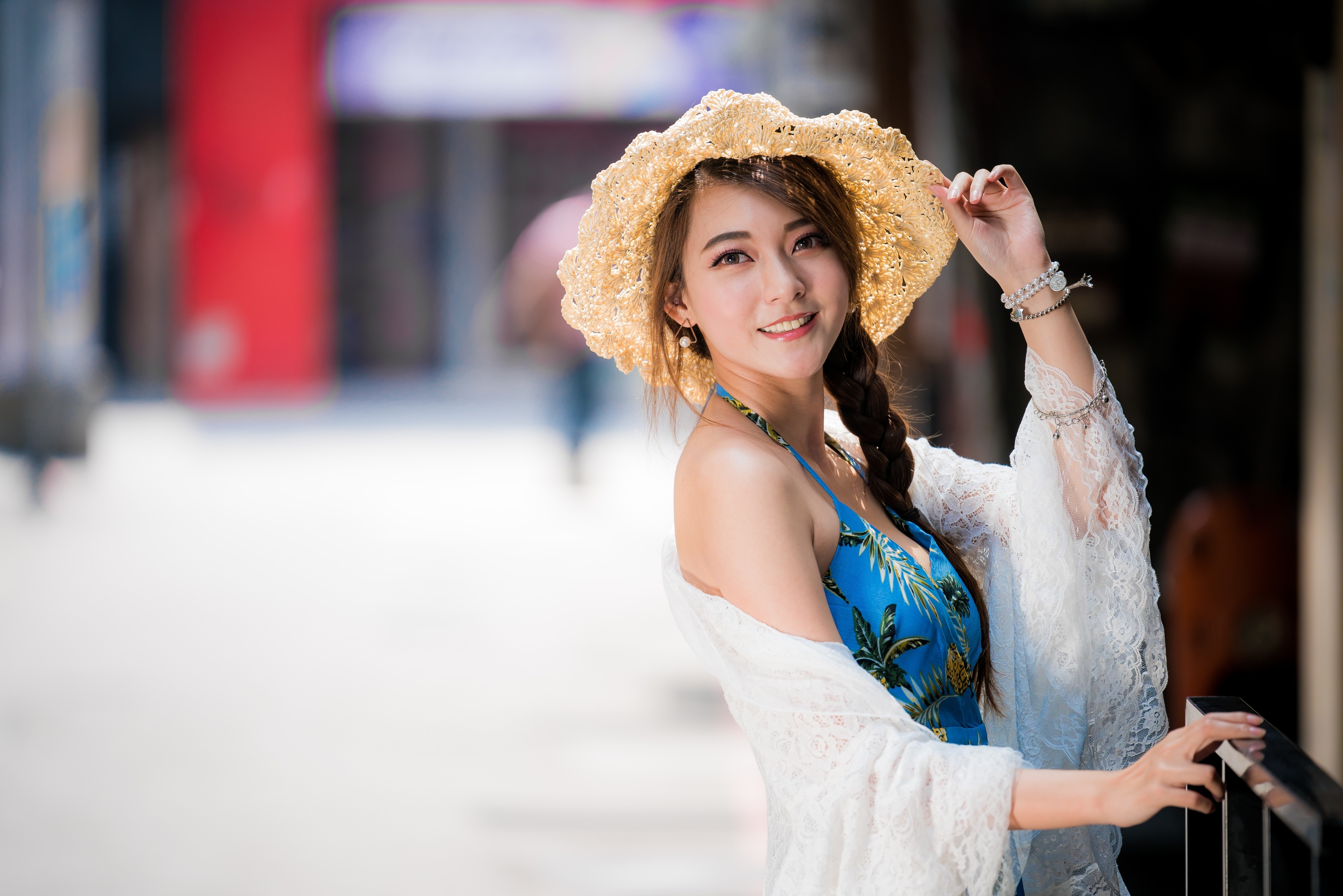 Asian woman in straw hat and blue dress HD Wallpaper