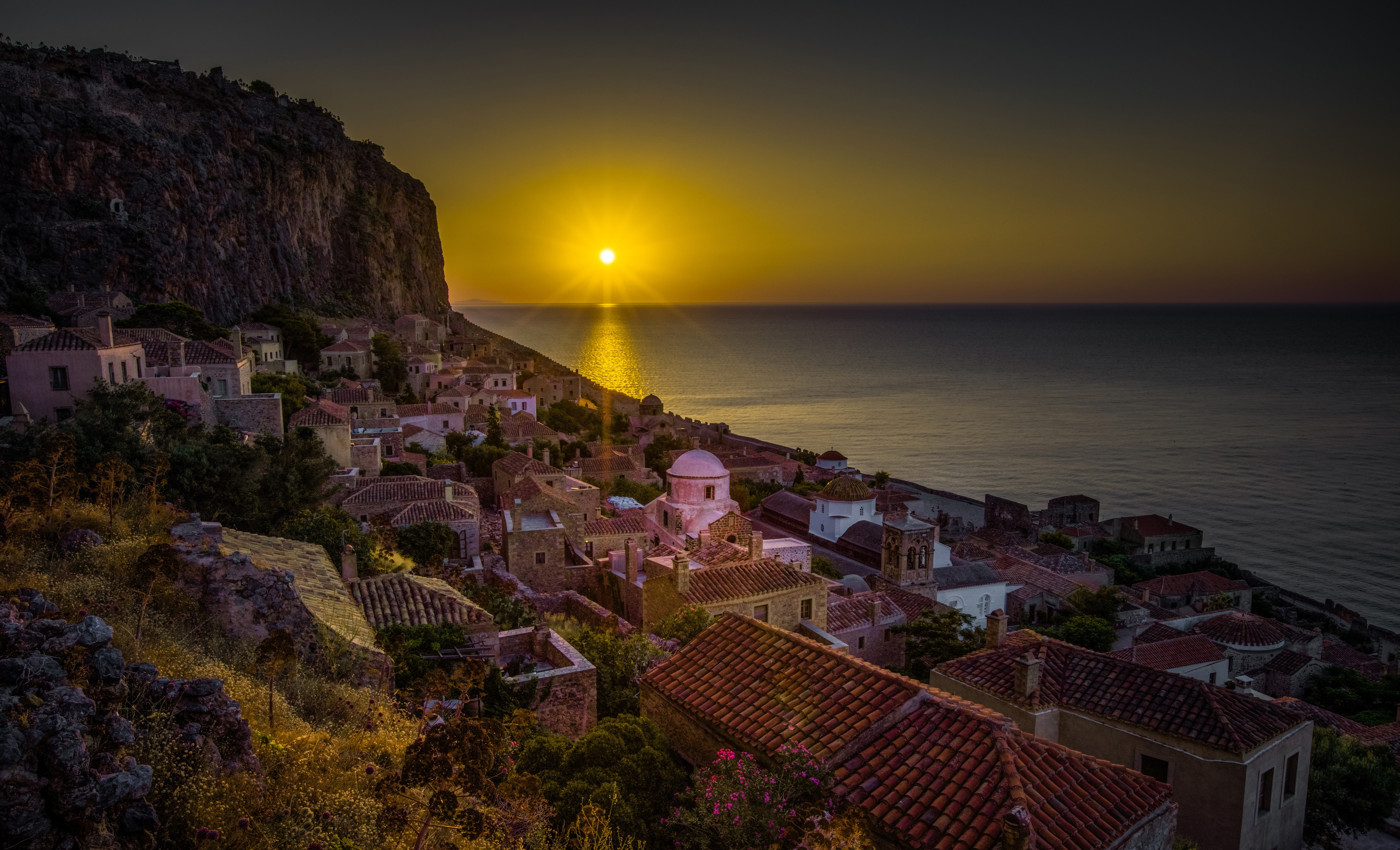 4K Monemvasia Greece Houses by the Sea at Sunset HD Wallpaper
