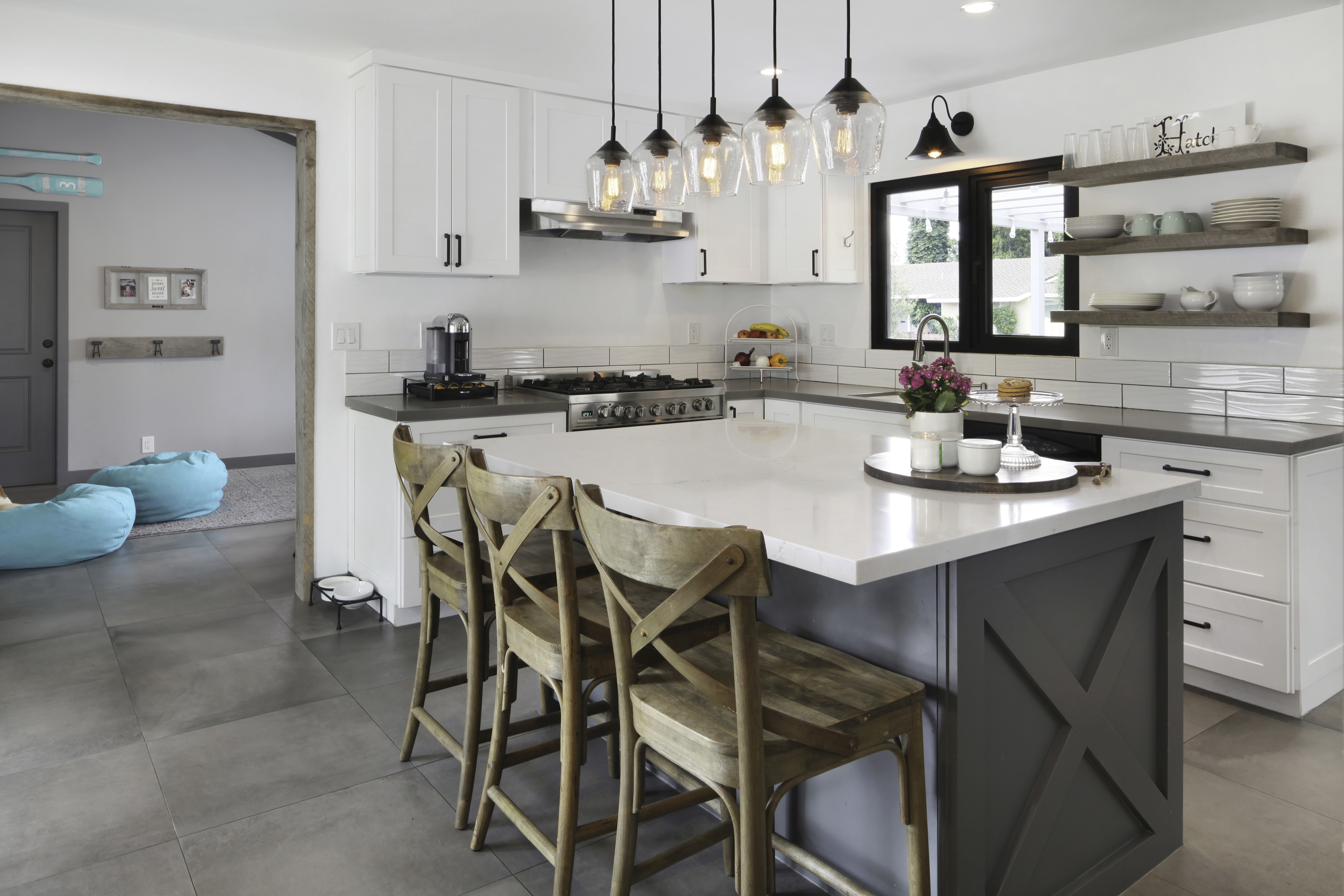 Modern Kitchen with Island and Bar Stools HD Wallpaper