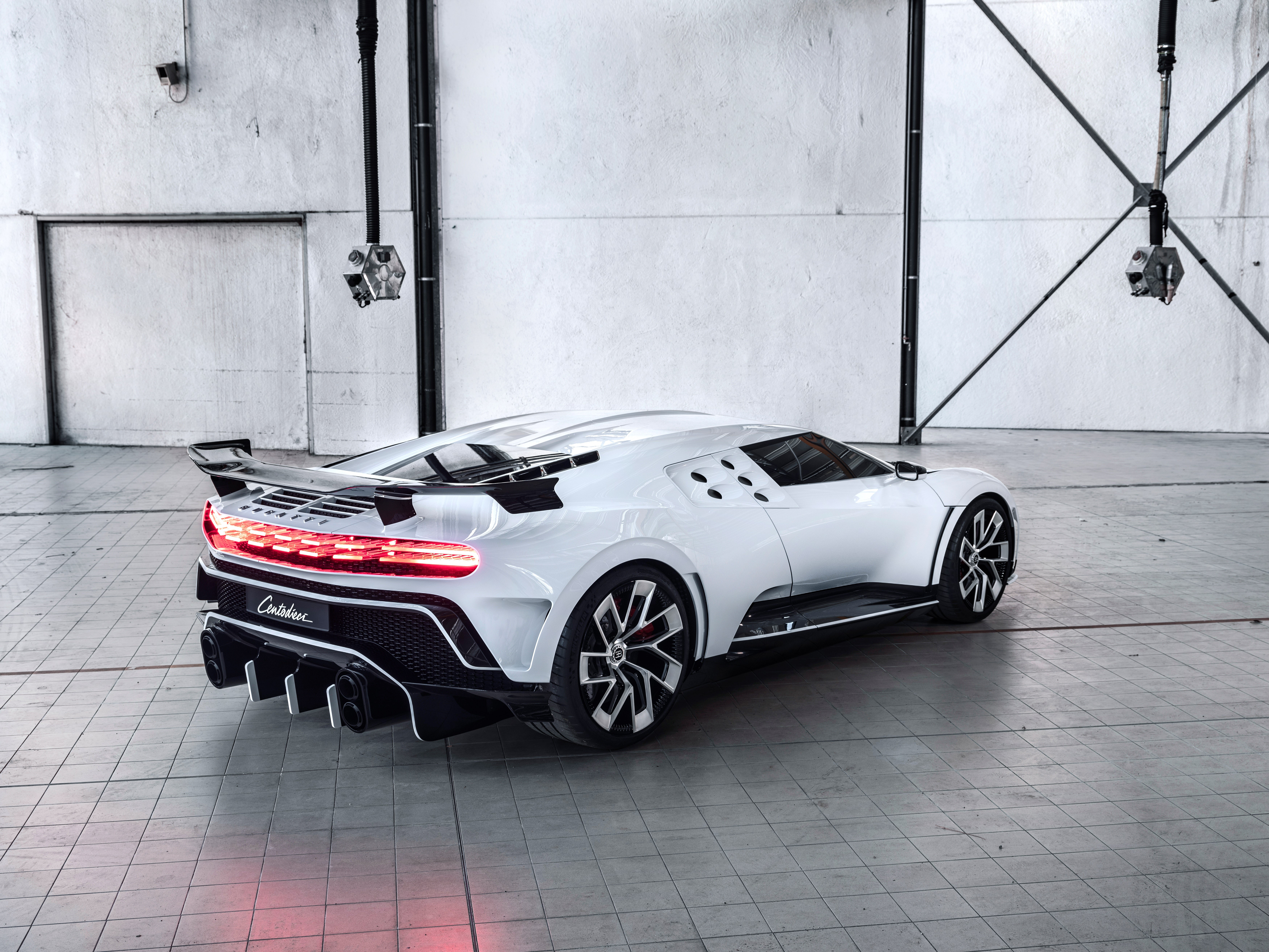 White Bugatti Centodieci in a warehouse HD Wallpaper