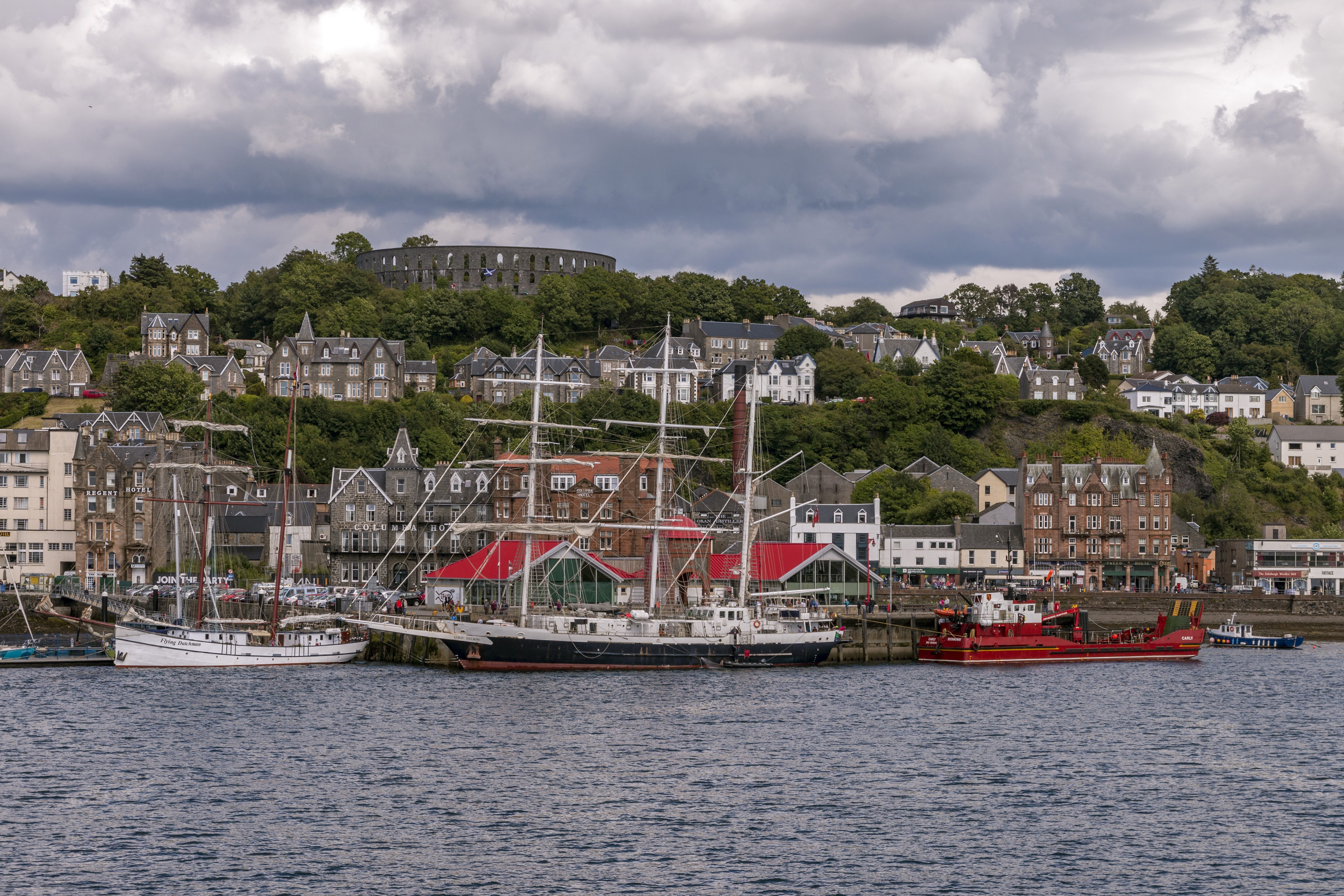 Tall Ship and Harbor in Oban, Scotland HD Wallpaper