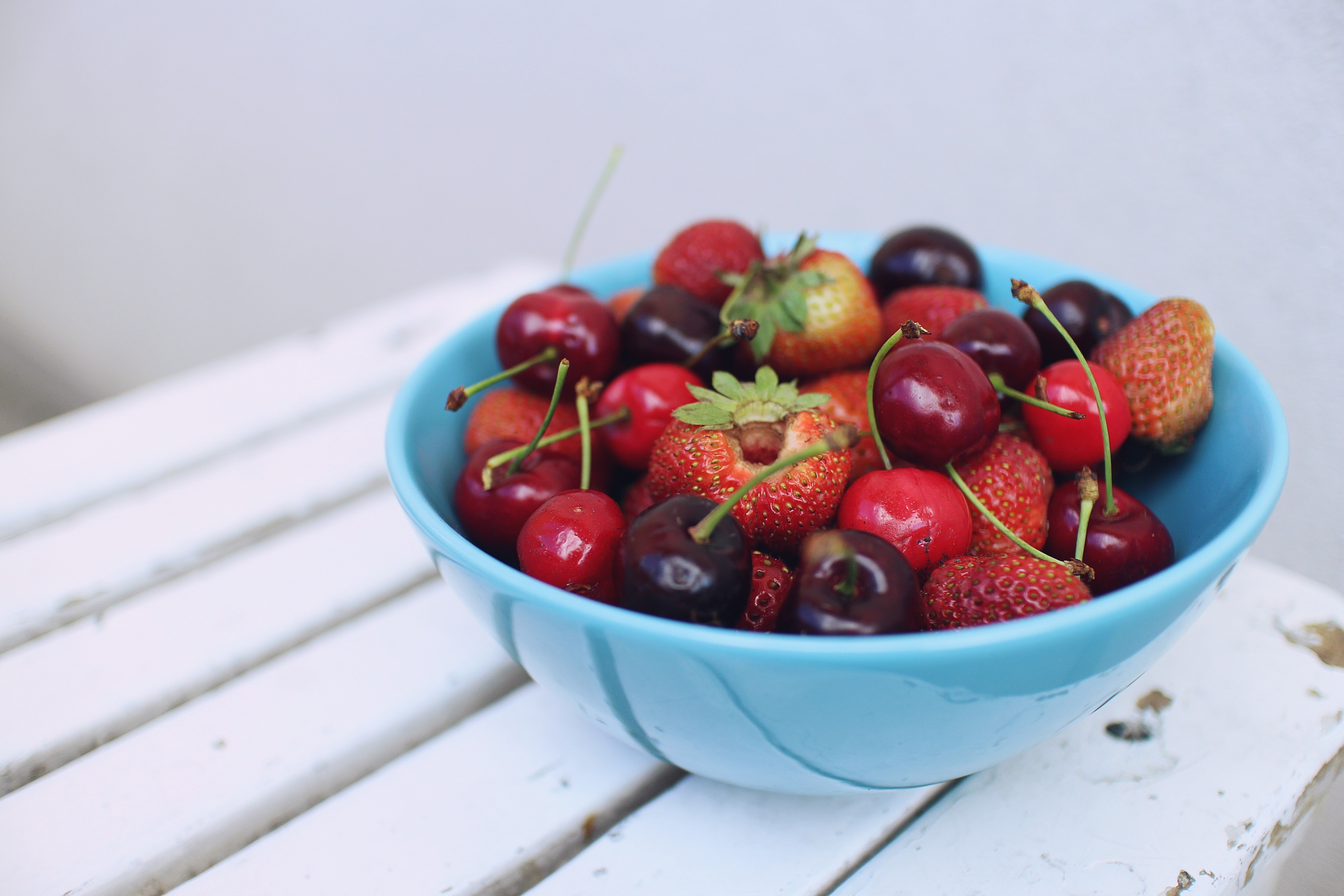 Cherries and Strawberries in a Blue Bowl HD Wallpaper