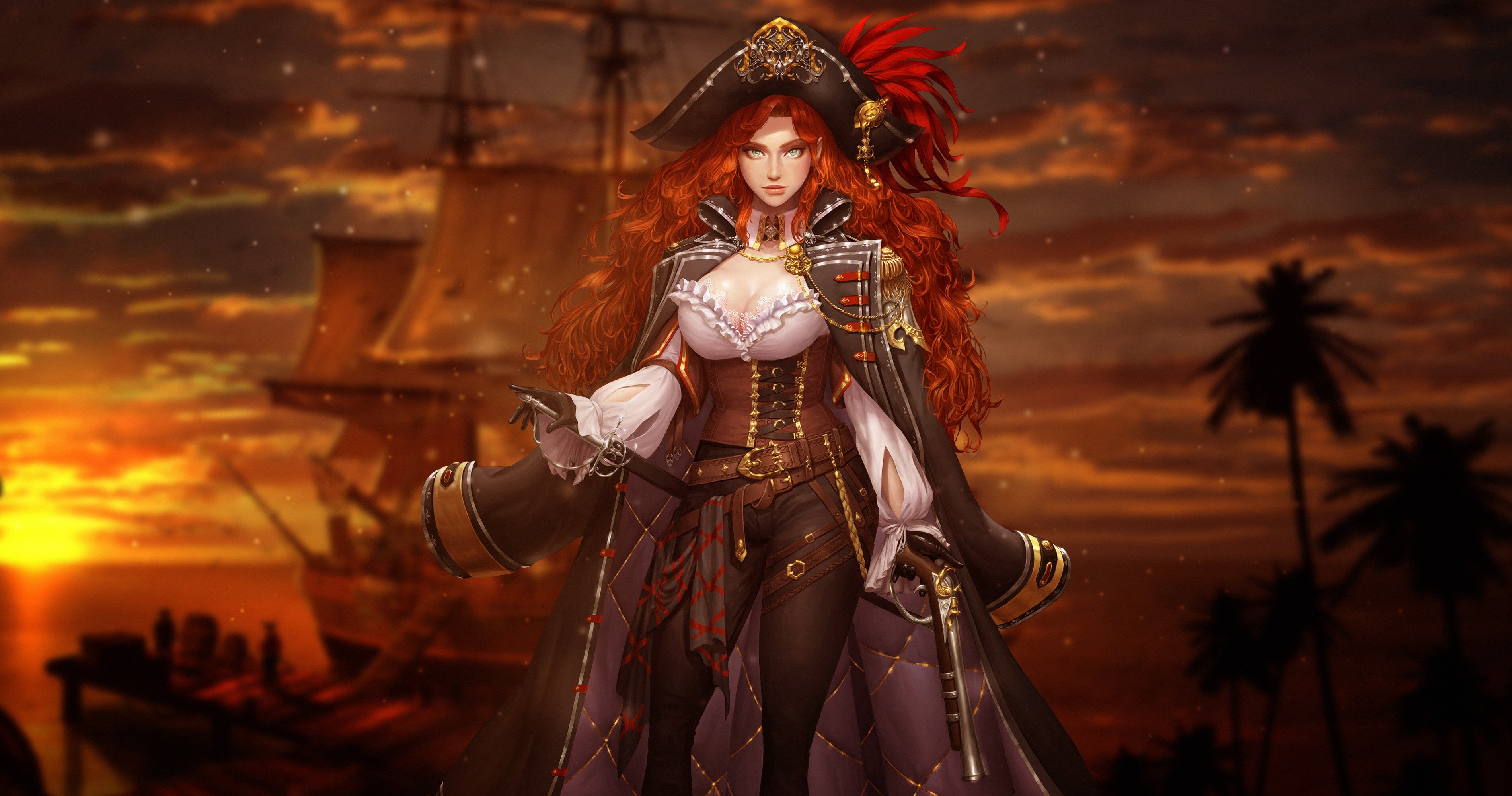 Redhead Pirate Woman with Ship and Palm Trees HD Wallpaper