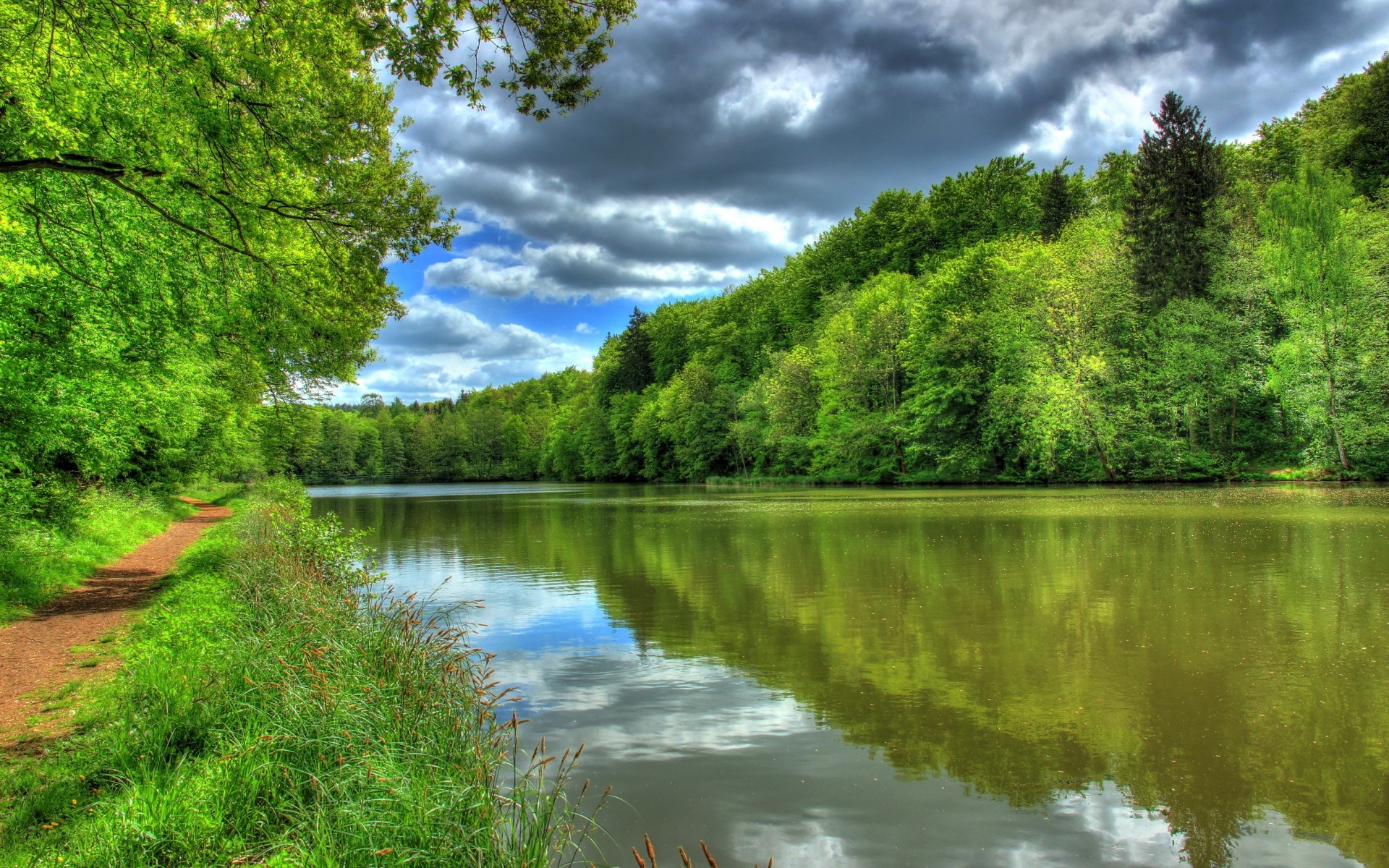 A tranquil lake surrounded by lush green trees under a cloudy sky HD Wallpaper