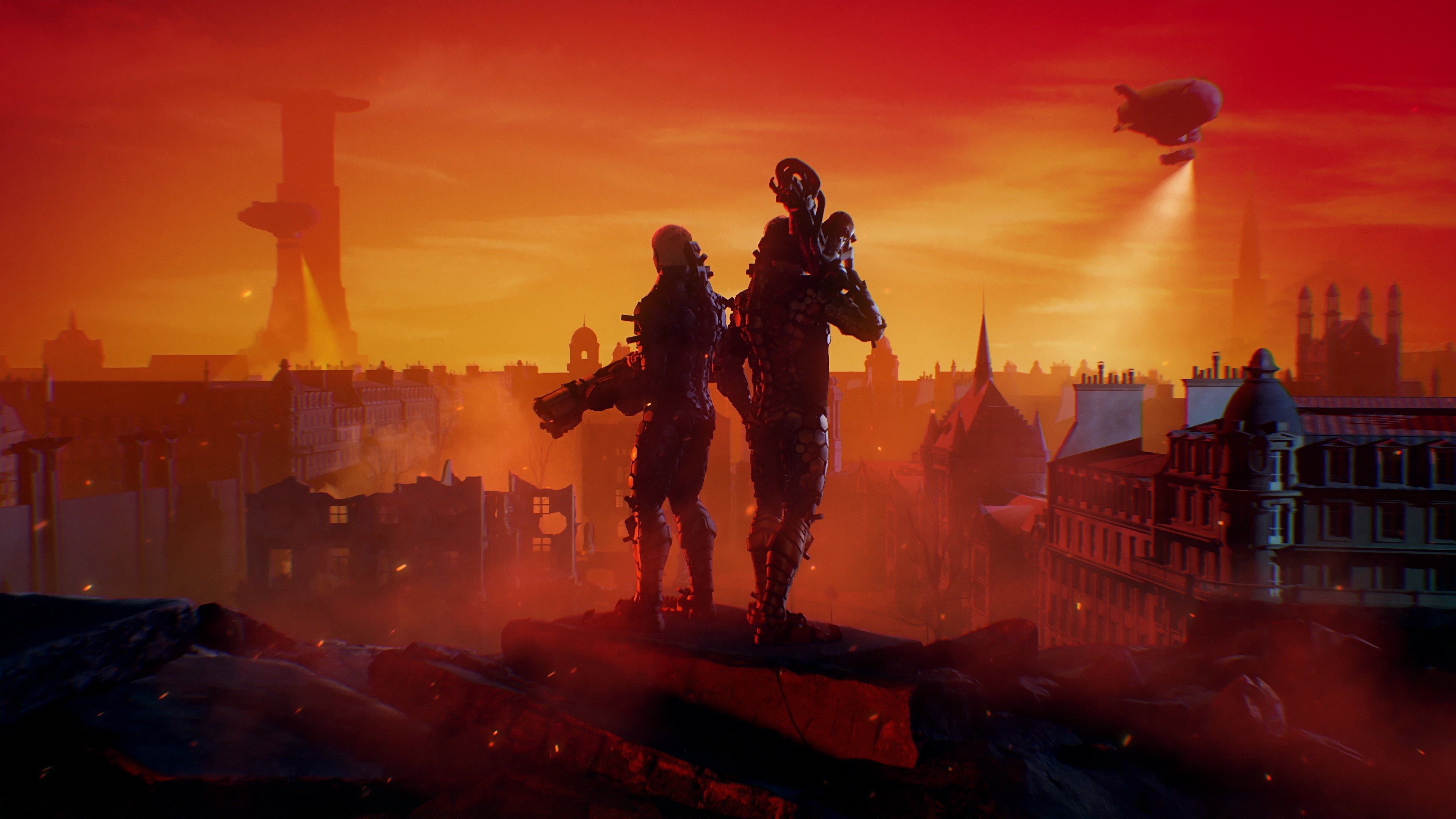 Two armored warriors overlook a burning city with a blimp HD Wallpaper