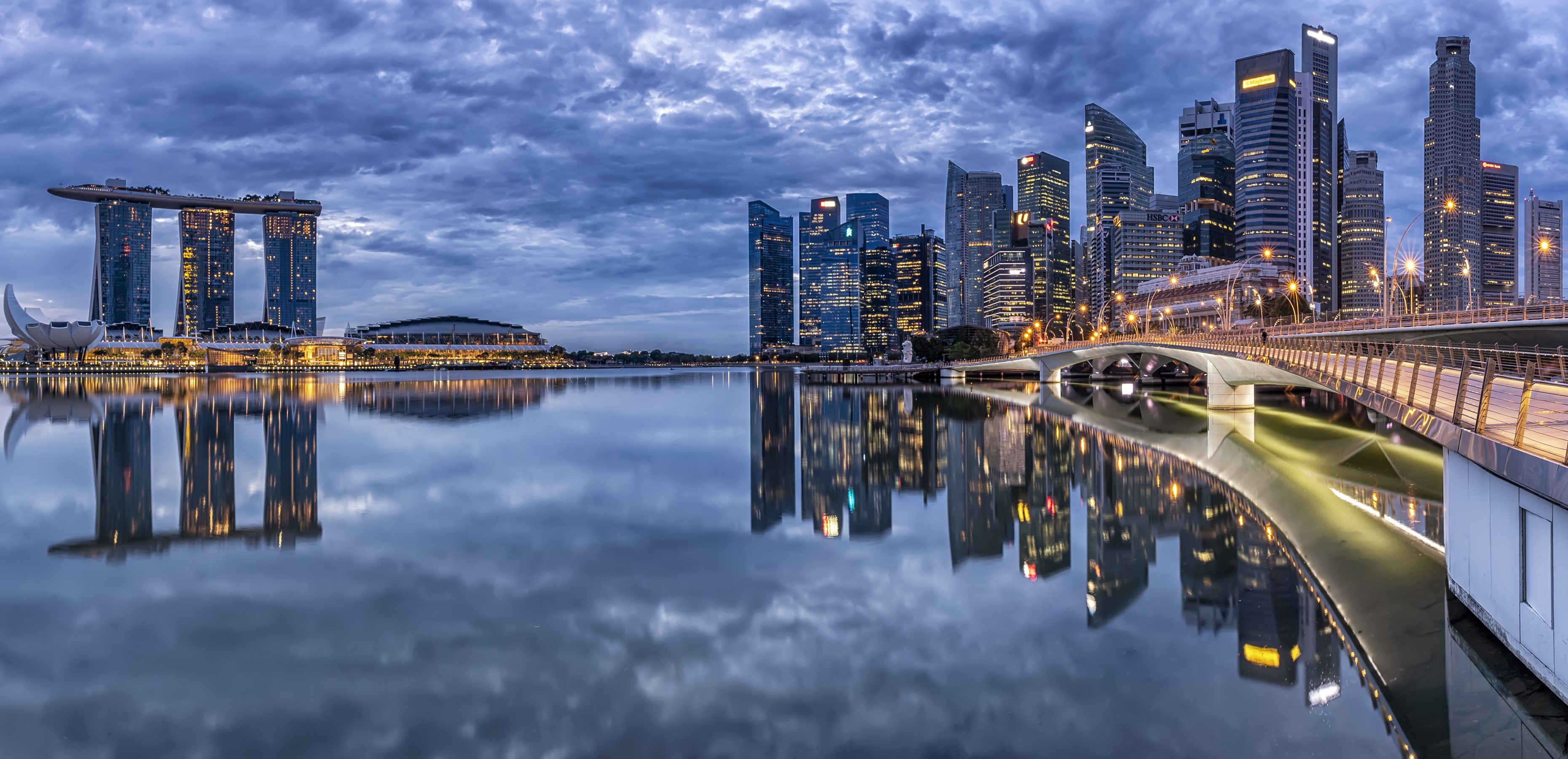 Singapore skyline with Marina Bay Sands and bridge at dusk HD Wallpaper
