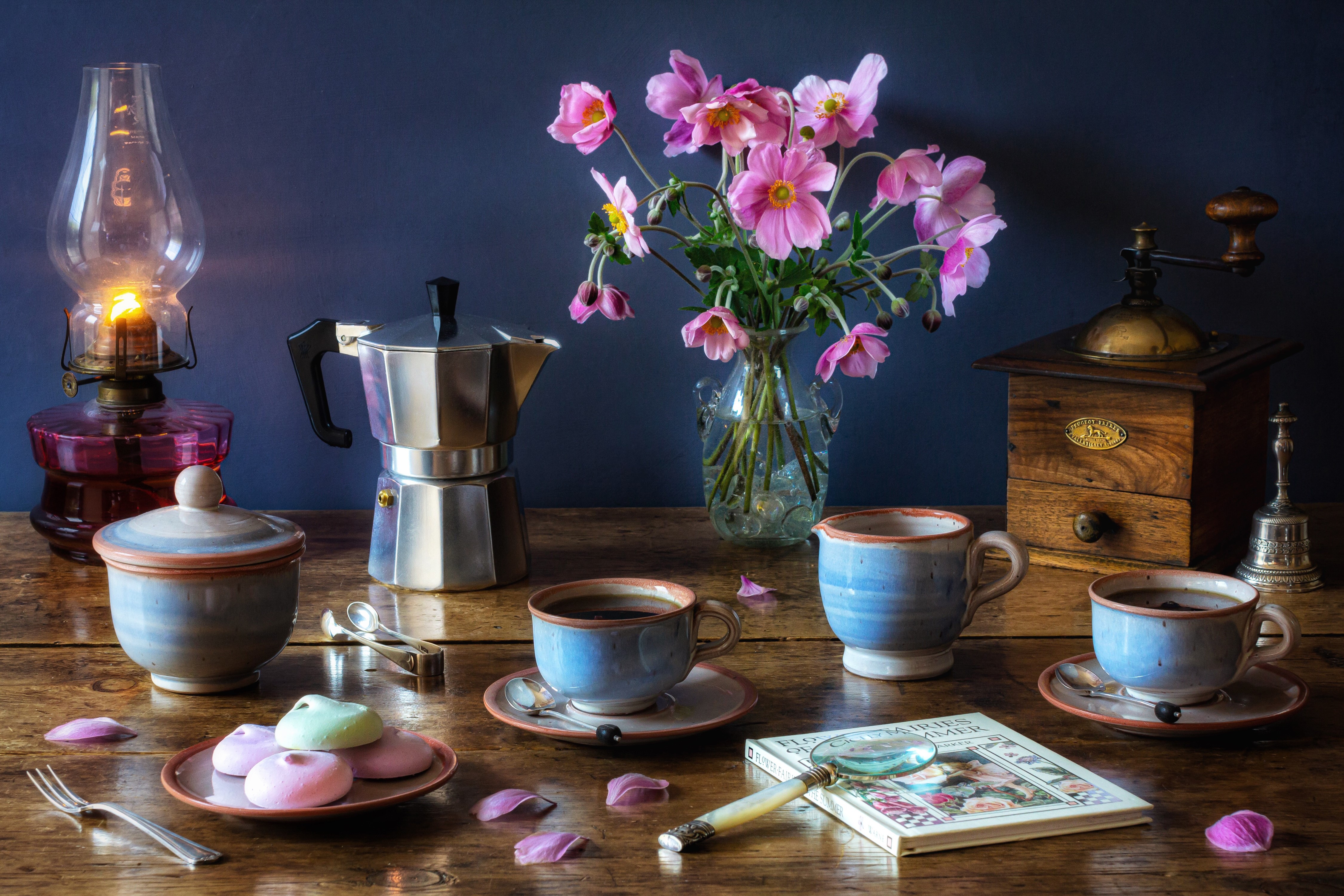 Still-life with coffee, flowers, and a kerosene lamp HD Wallpaper