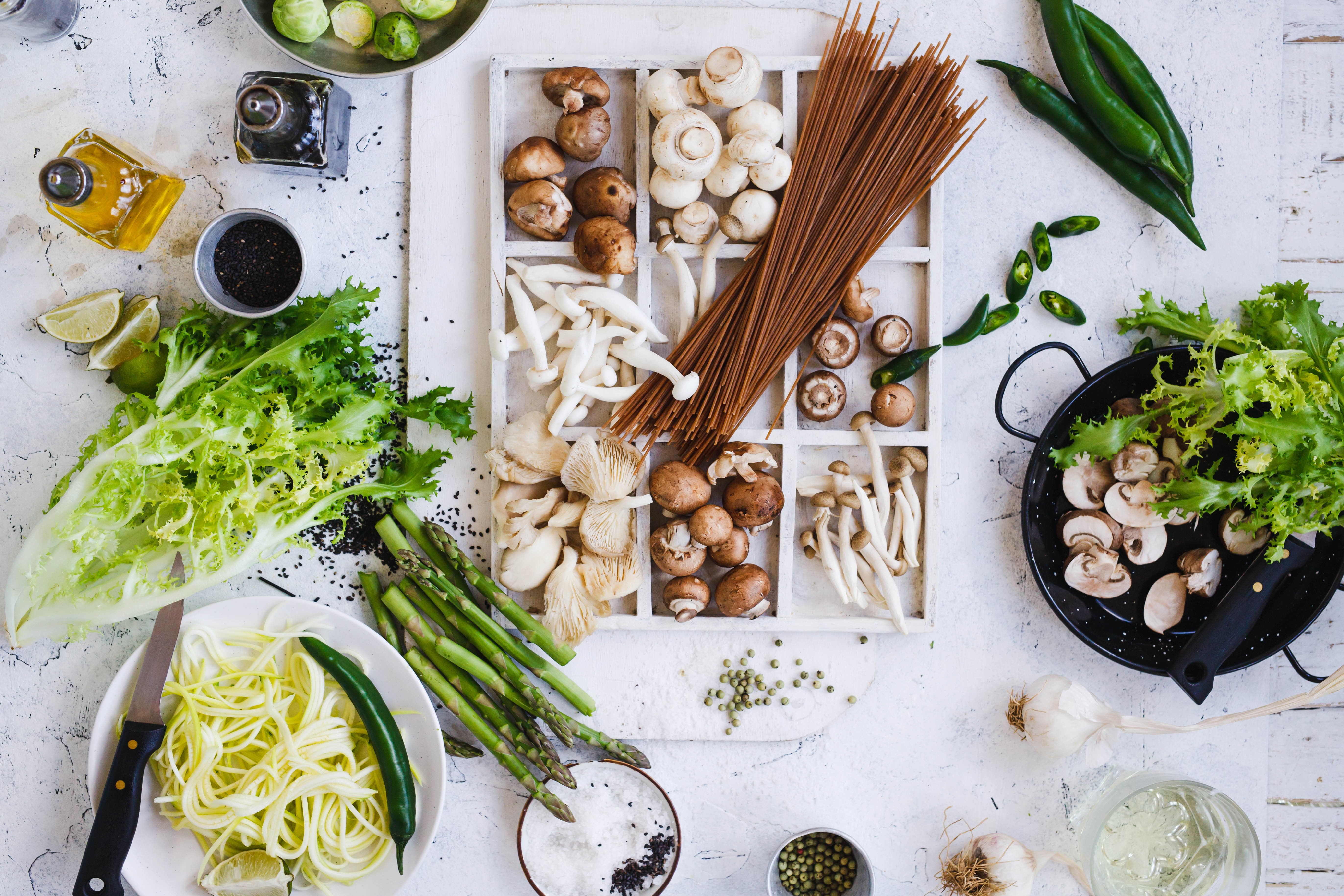 Mushrooms, Vegetables, Pasta, and Spices HD Wallpaper
