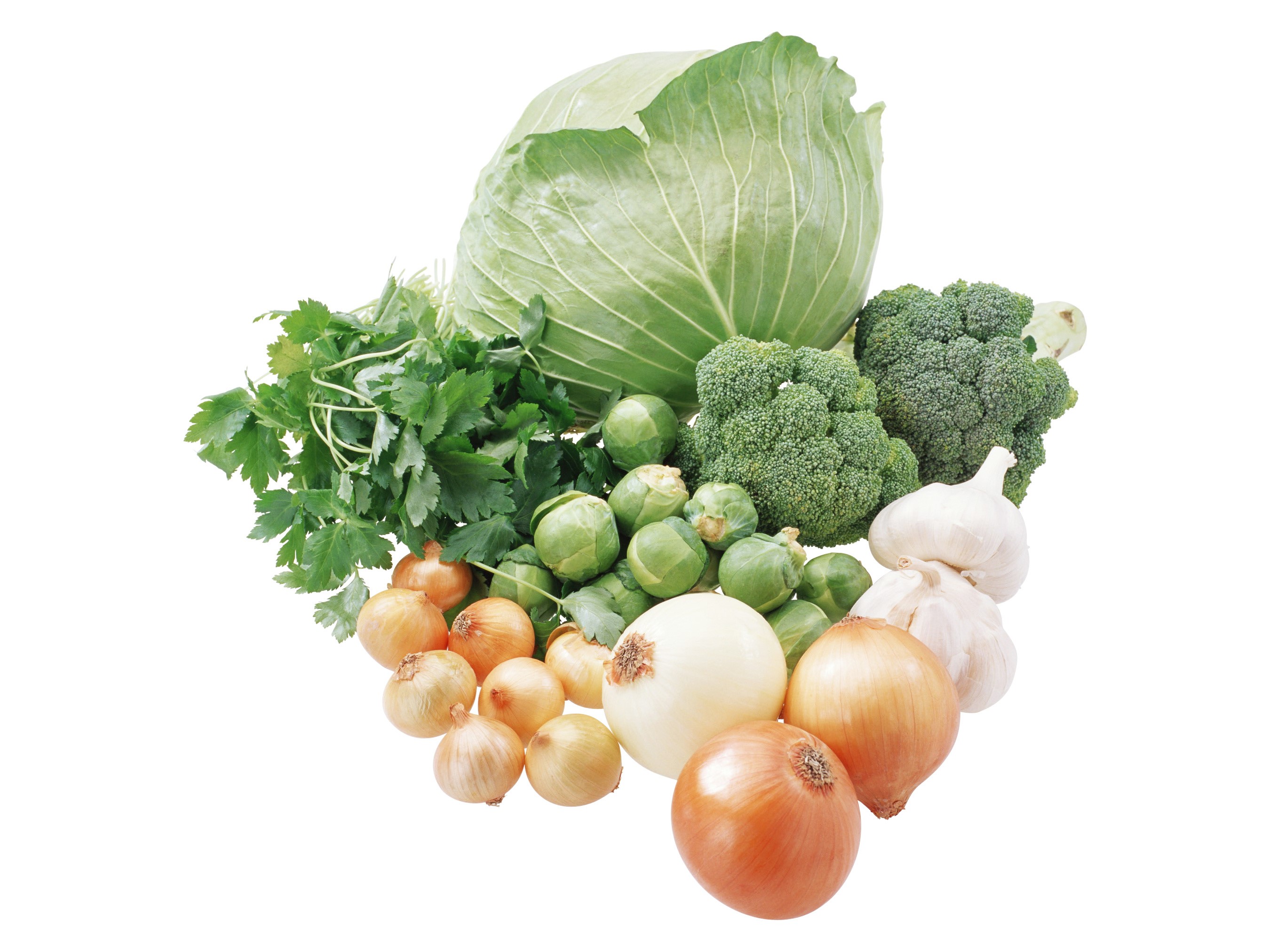 Assortment of fresh vegetables including cabbage, broccoli, onions, garlic, and Brussels sprouts HD Wallpaper