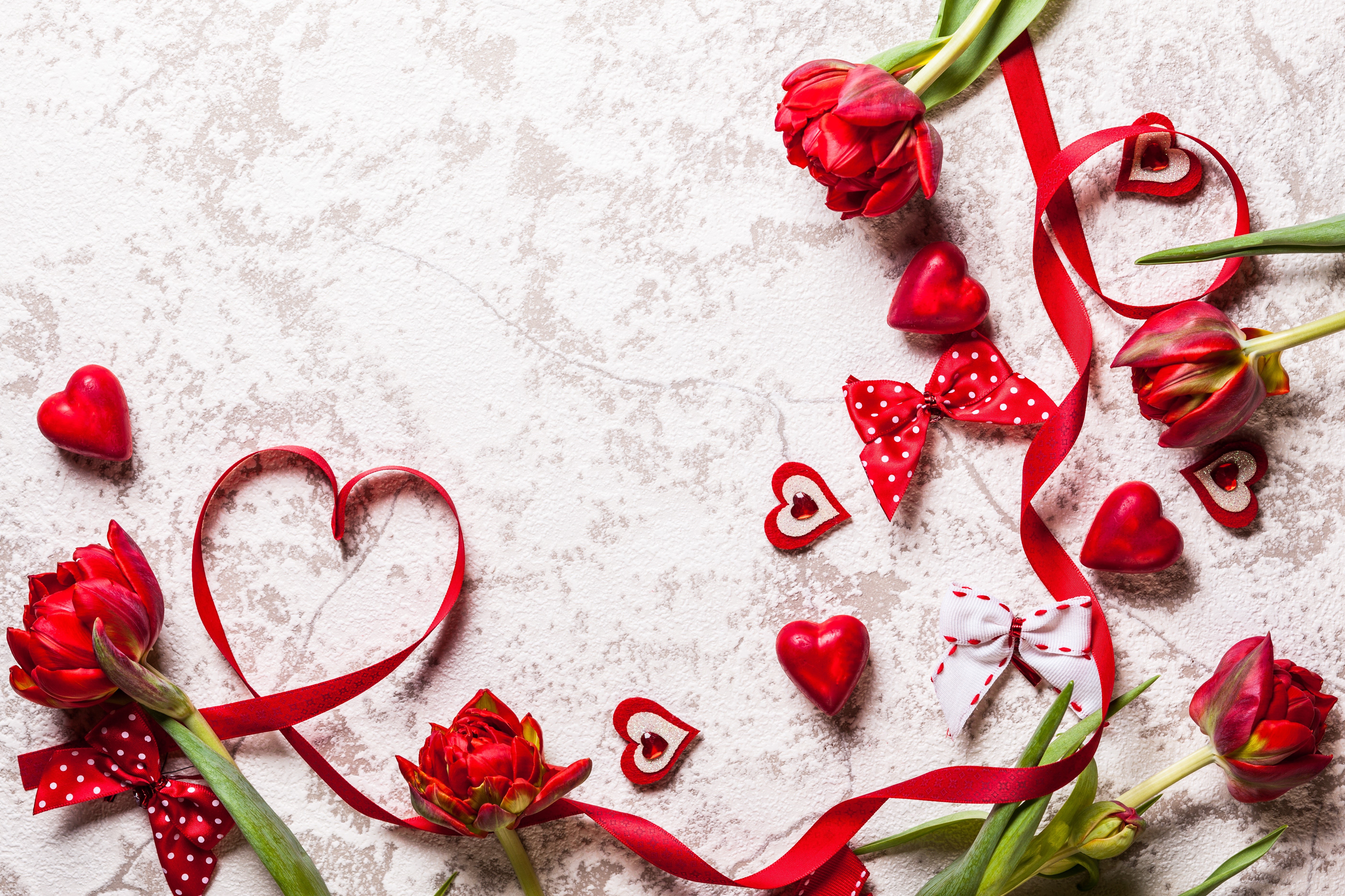 Valentine's Day Red Tulips and Hearts Ribbon HD Wallpaper