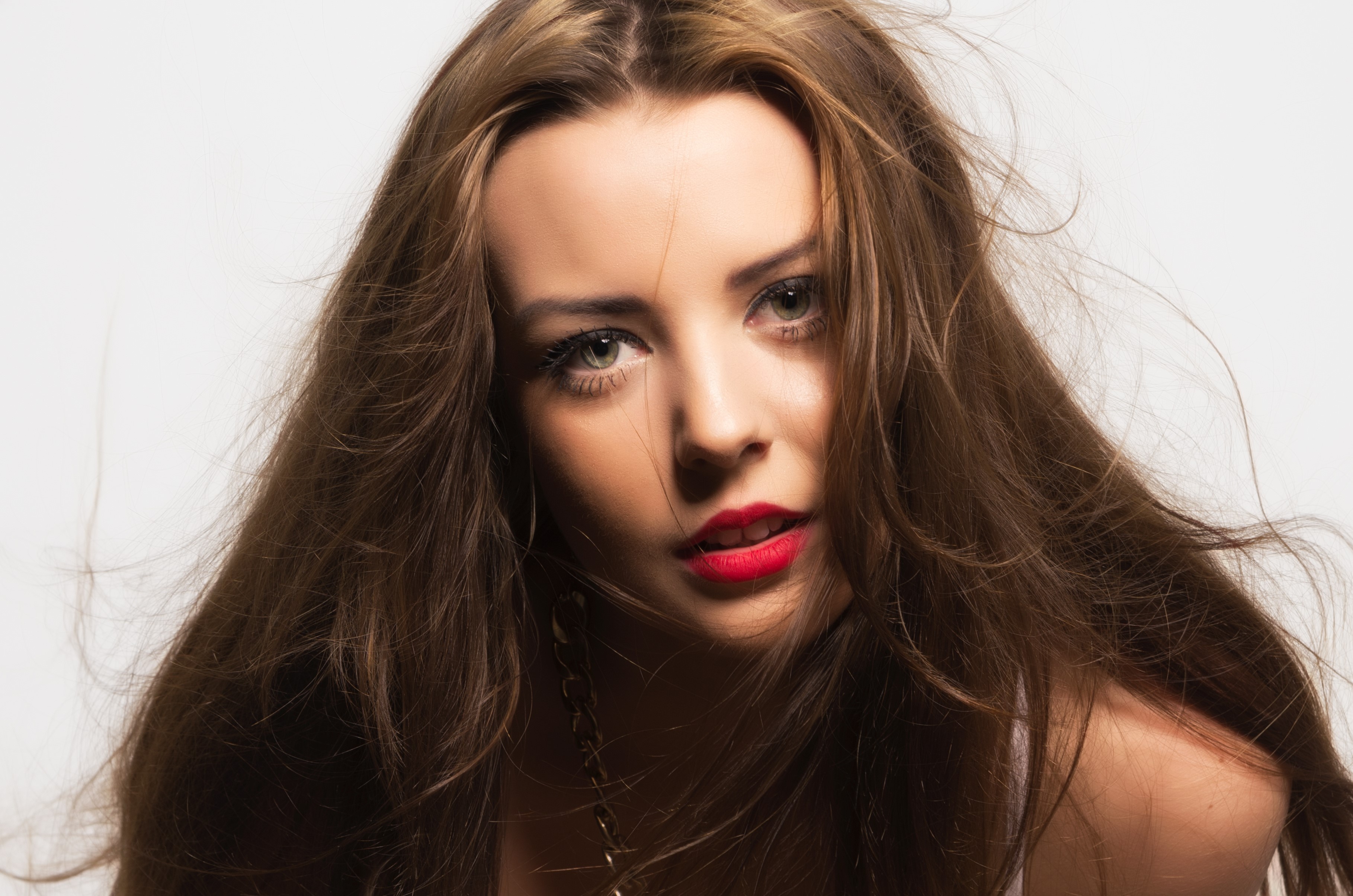 Close-up of Brown-Haired Woman with Red Lipstick HD Wallpaper