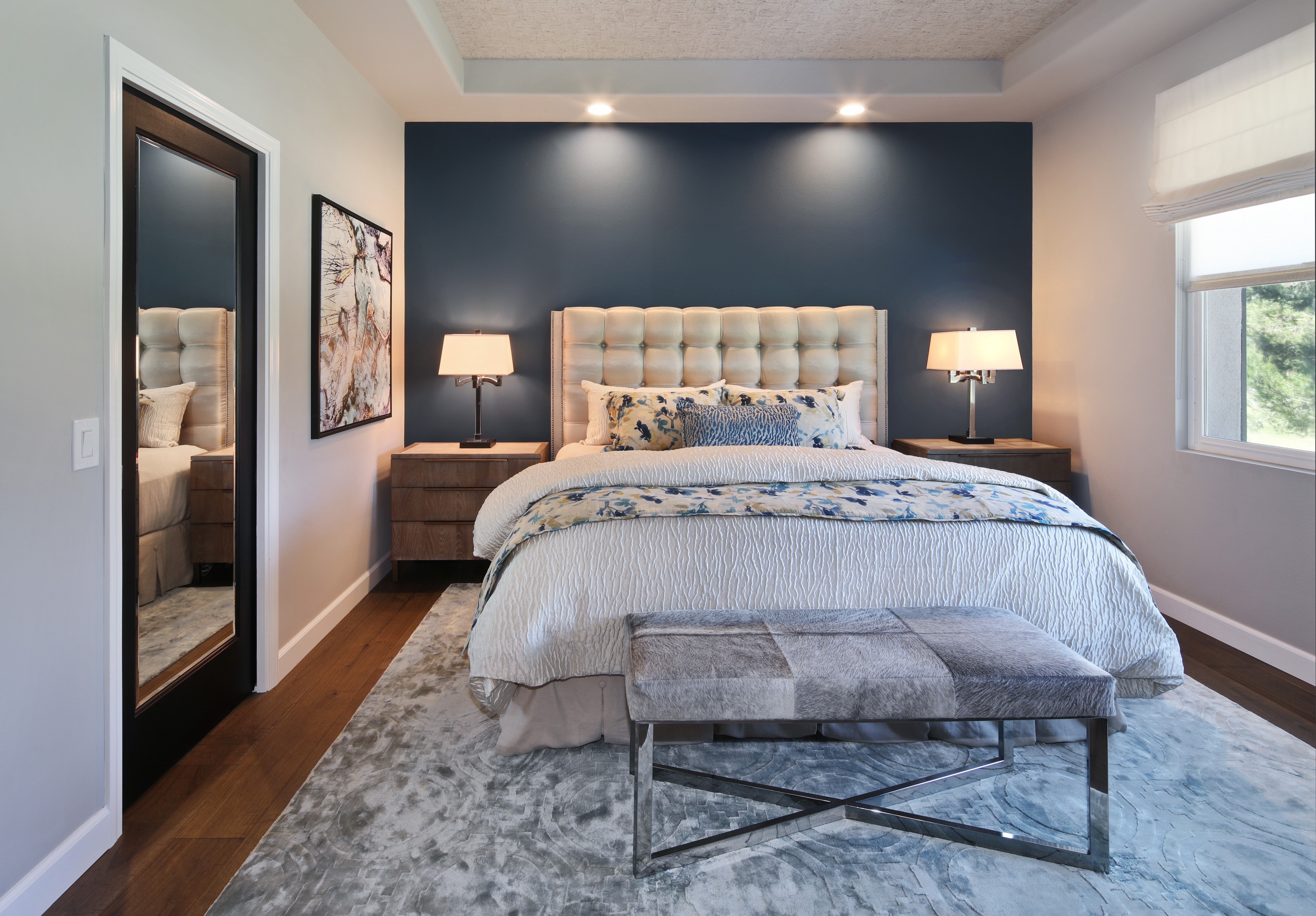 Bedroom Interior Design with Blue Wall and Bed HD Wallpaper