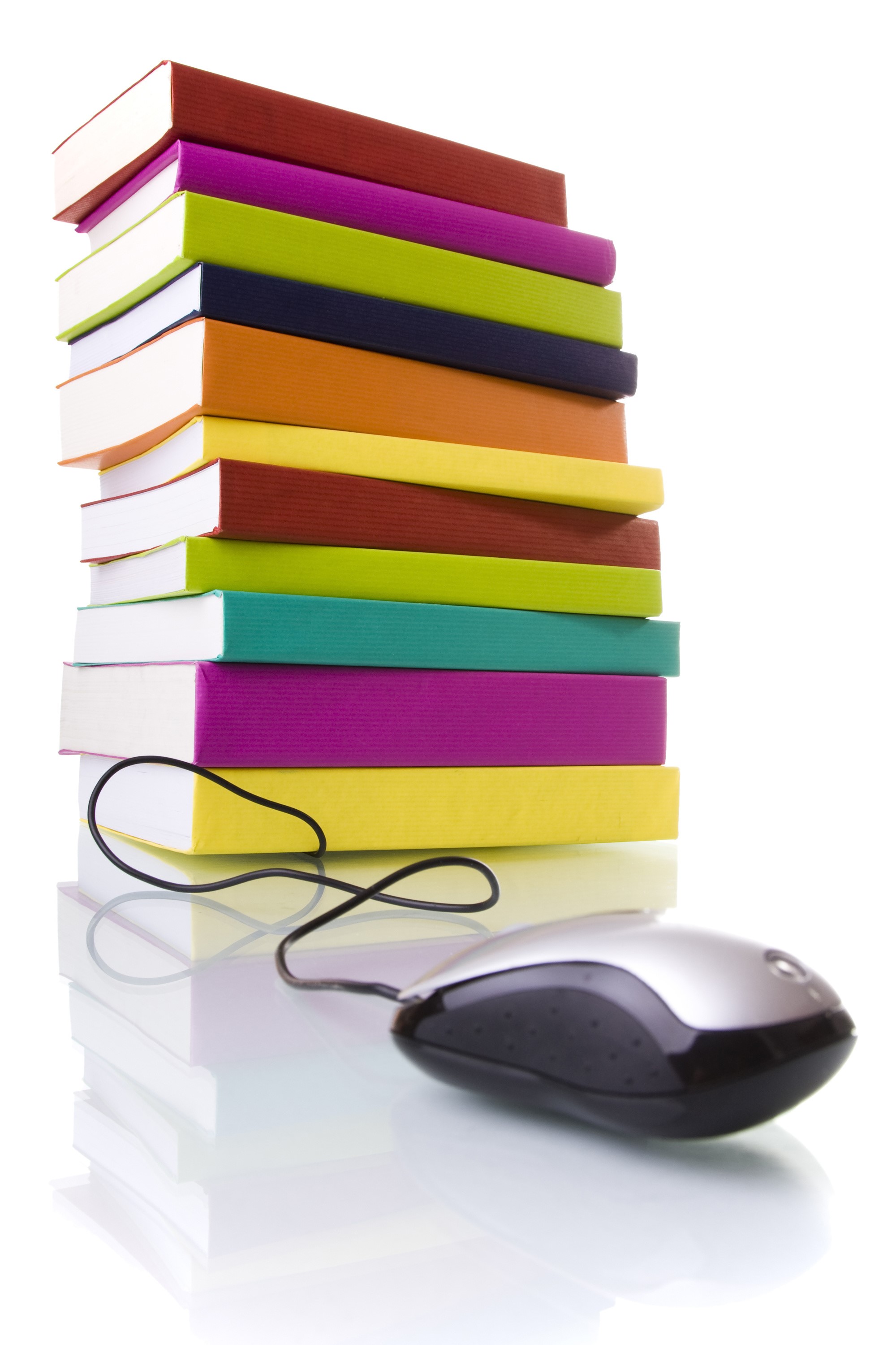 Stack of colorful books with computer mouse HD Phone Wallpaper