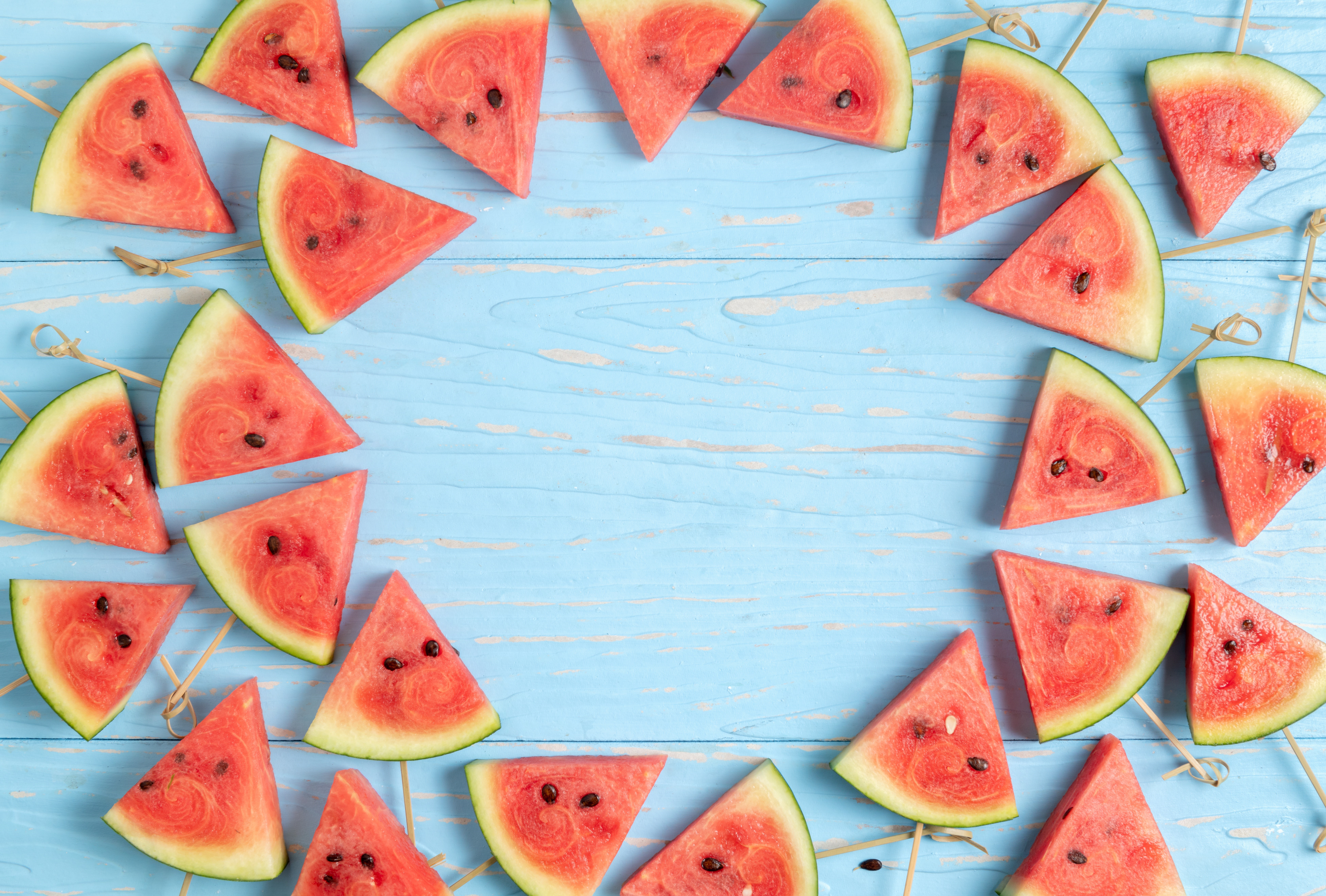 Watermelon Slices on Blue Wooden Background HD Wallpaper