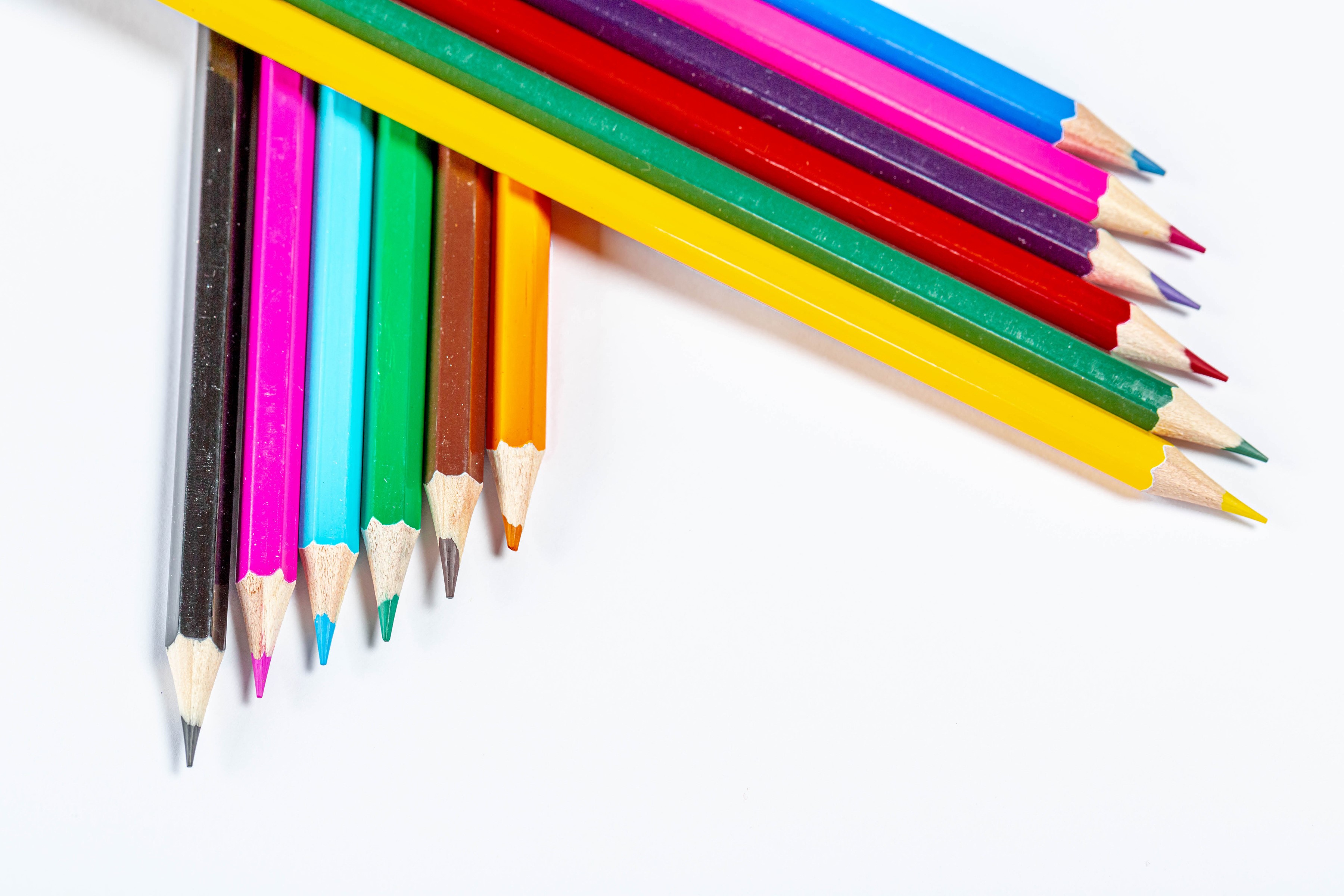 Colored pencils arranged on a white background HD Wallpaper